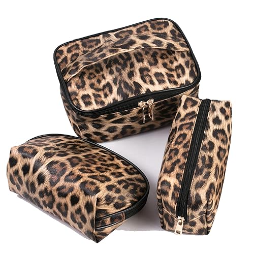 Miniatura 7 de FITINI Bolsa de maquillaje de leopardo, paquete de 3 bolsas de aseo de viaje, organizador portátil para cosméticos con pequeños soportes para