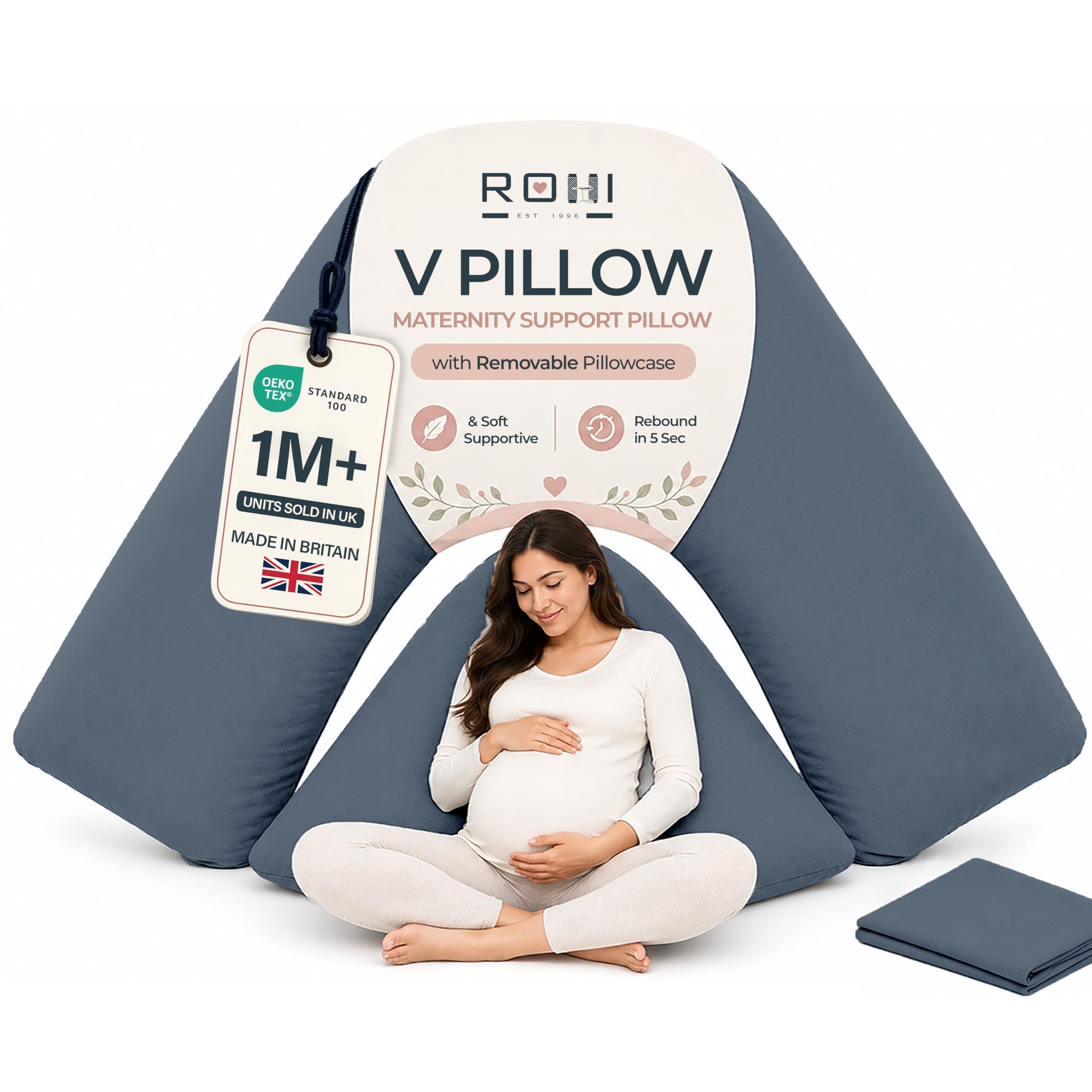 Rohi Orthopaedic V Pillow with Pillowcase – Anti Allergy Triangle pillows for Adults, Nursing, Maternity & Pregnancy – Extra Hollowfibre Cushioning to Supports Neck, Head & Back (Grey)
