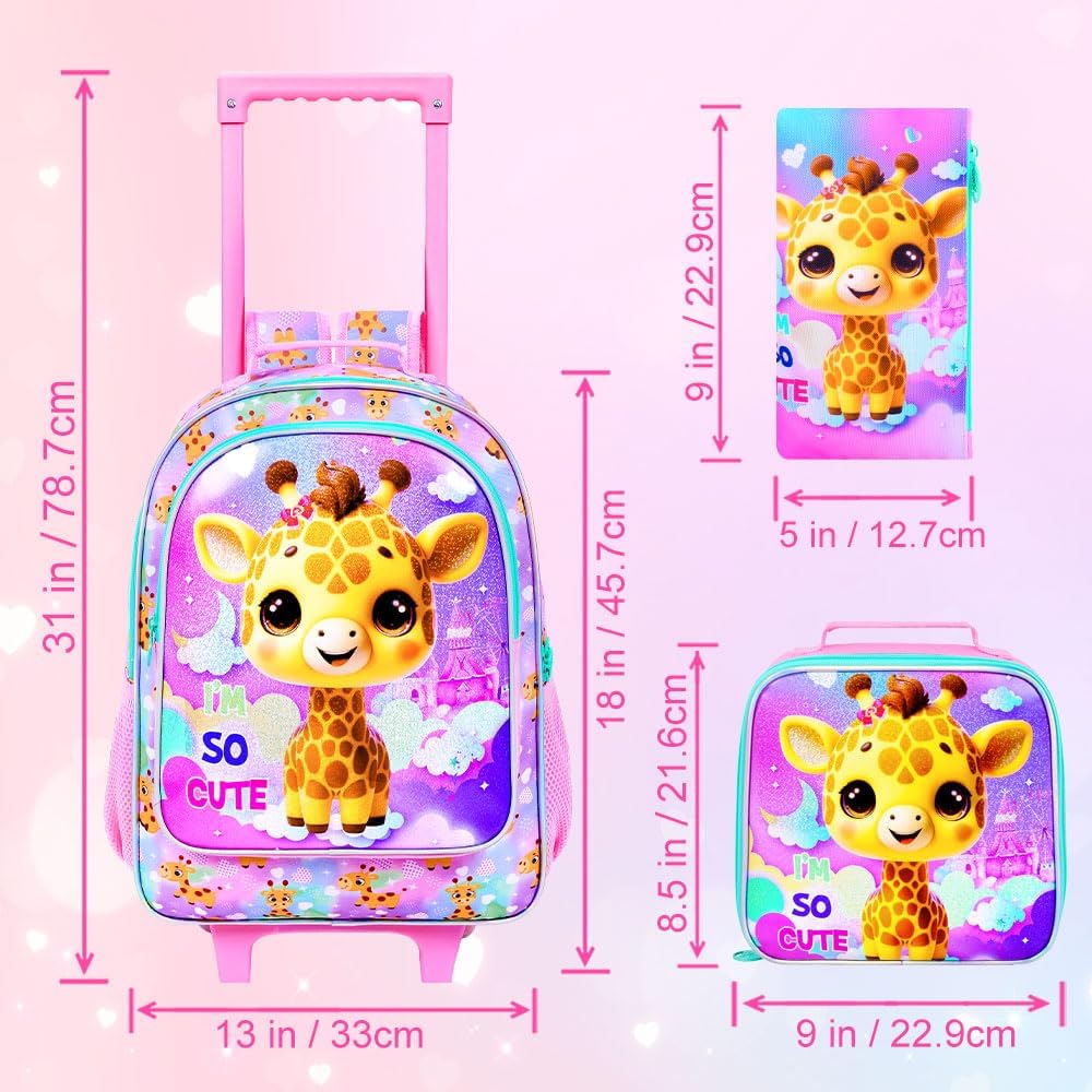 3PCS Giraffe Rolling Backpack for Girls, Kids School Backpacks with Wheels, Water Resistant UV Printed Roller Wheeled Bookbag Set