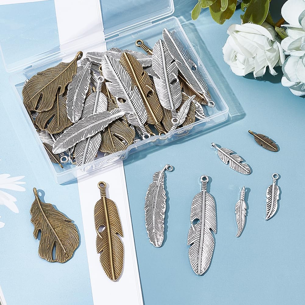 GORGECRAFT 48Pcs Bolo Tie Tips Metal Feather Charms Necklace Western Vintage Antique Bronze Antique Silver Tree Leaves Pendants Cord End Caps Bracelet for Crafts Bolo Tie Necklace Jewelry Findings