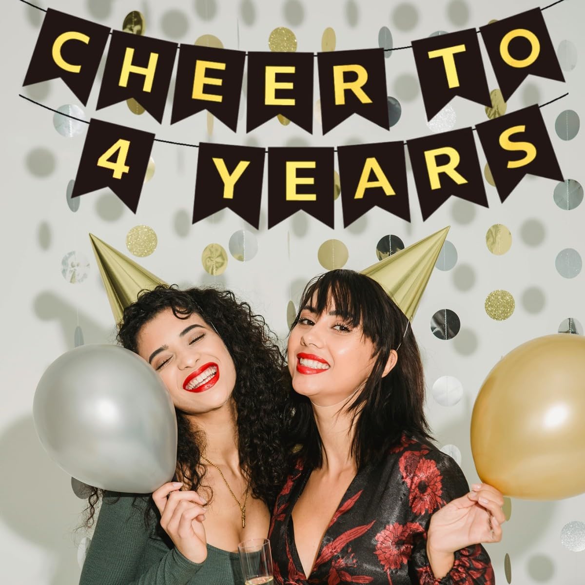 CHEERS TO 4 YEARS Banner, Pre-Strung, Black Gold 4th Birthday and Anniversary Party Decorations, Happy 4th Birthday Banner, Four Anniversary Party Bunting, 4 Year Old Blessed & Loved Flag