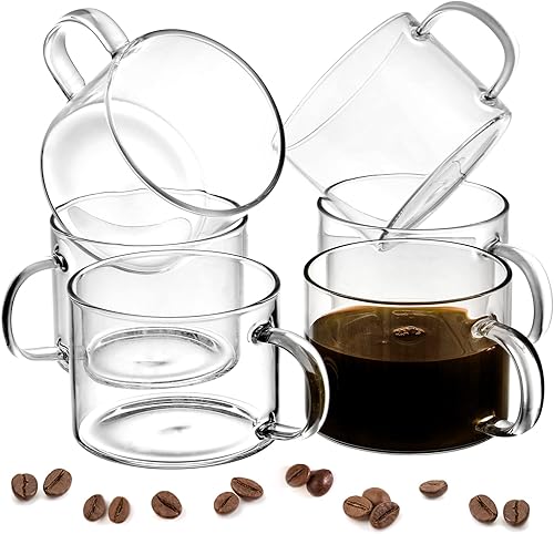 Tosnail Paquete de 6 tazas de café de vidrio de 16 onzas con asa, tazas grandes de vidrio de boca ancha, tazas de bebidas calientes de moca,