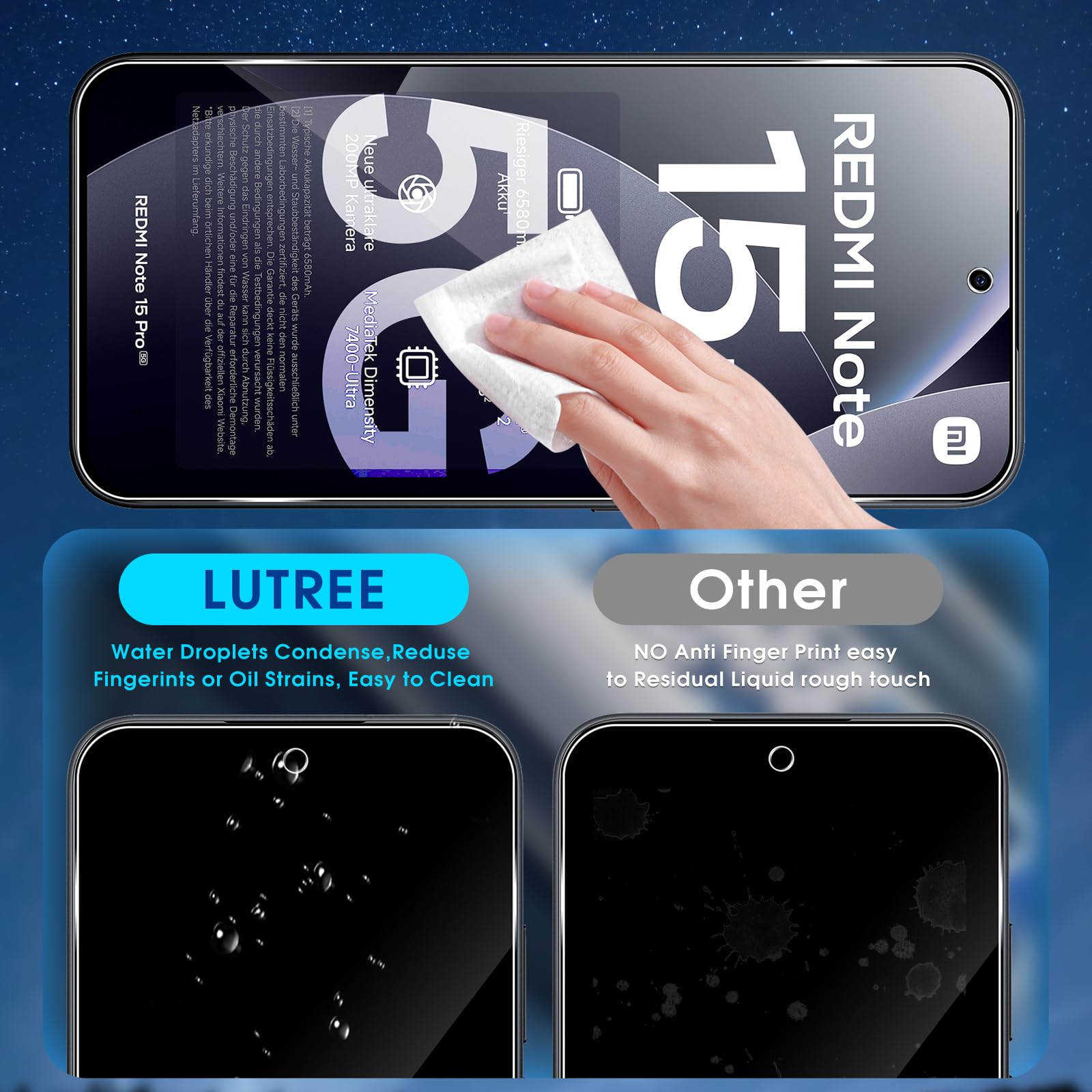Lutree per Xiaomi Redmi Note 15 Pro 5G Vetro Temperato, 2+2 Pezzi Pellicola Protettiva+ Pellicola Fotocamera (Nera), Durezza 9H Anti-Impronte Anti-Graffio HD Senza Bolle Protezione Schermo