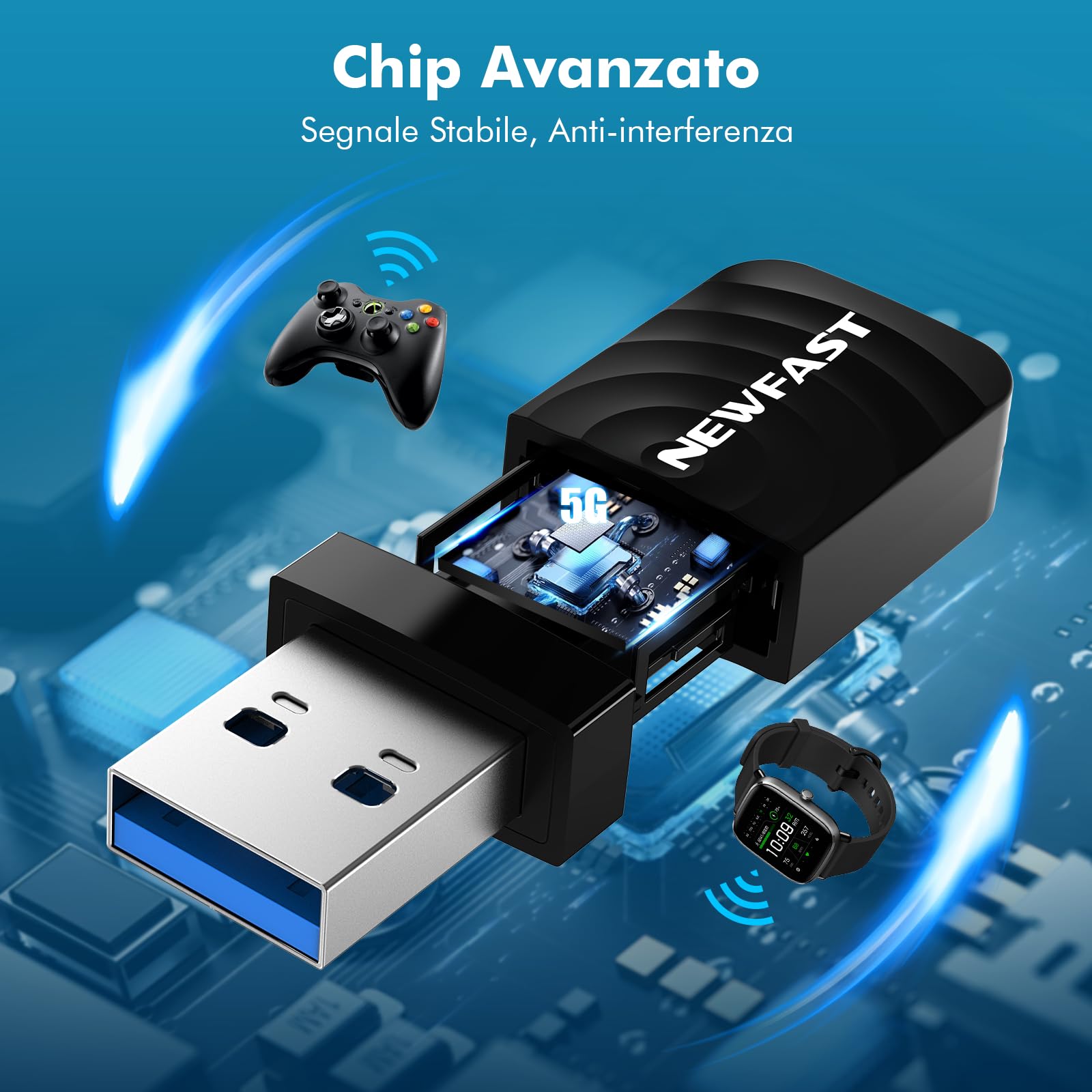 NEWFAST AC1300 WiFi USB Adapter Dual Band 2.4GHz 5GHz 1300Mbps per PC Windows Mac OS