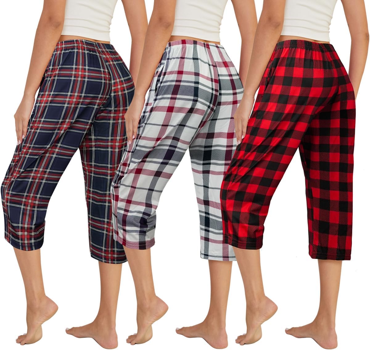 VENTELAN 3 Pack Womens Ultra-Soft Capri Pajama Pants Adjustable Waistband Sleepwear Bottoms (Available in Plus Size) S-XXXL