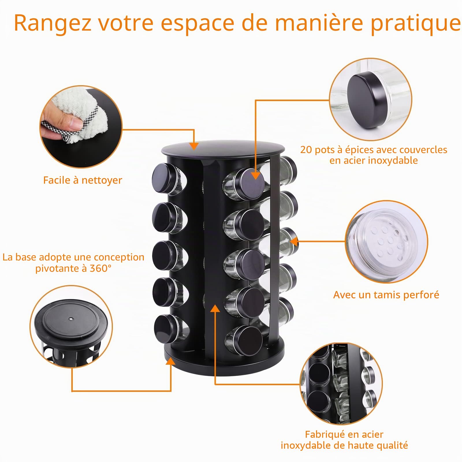 Carrousel à ÉPices à 360°, Étagère à Épices Rotative en Acier Inoxydableavec 20 Pots à Épices, Étiquettes, Stylo, Entonnoir, Couvercle, Étagère à Épices Pour Comptoir Cuisine, Noir