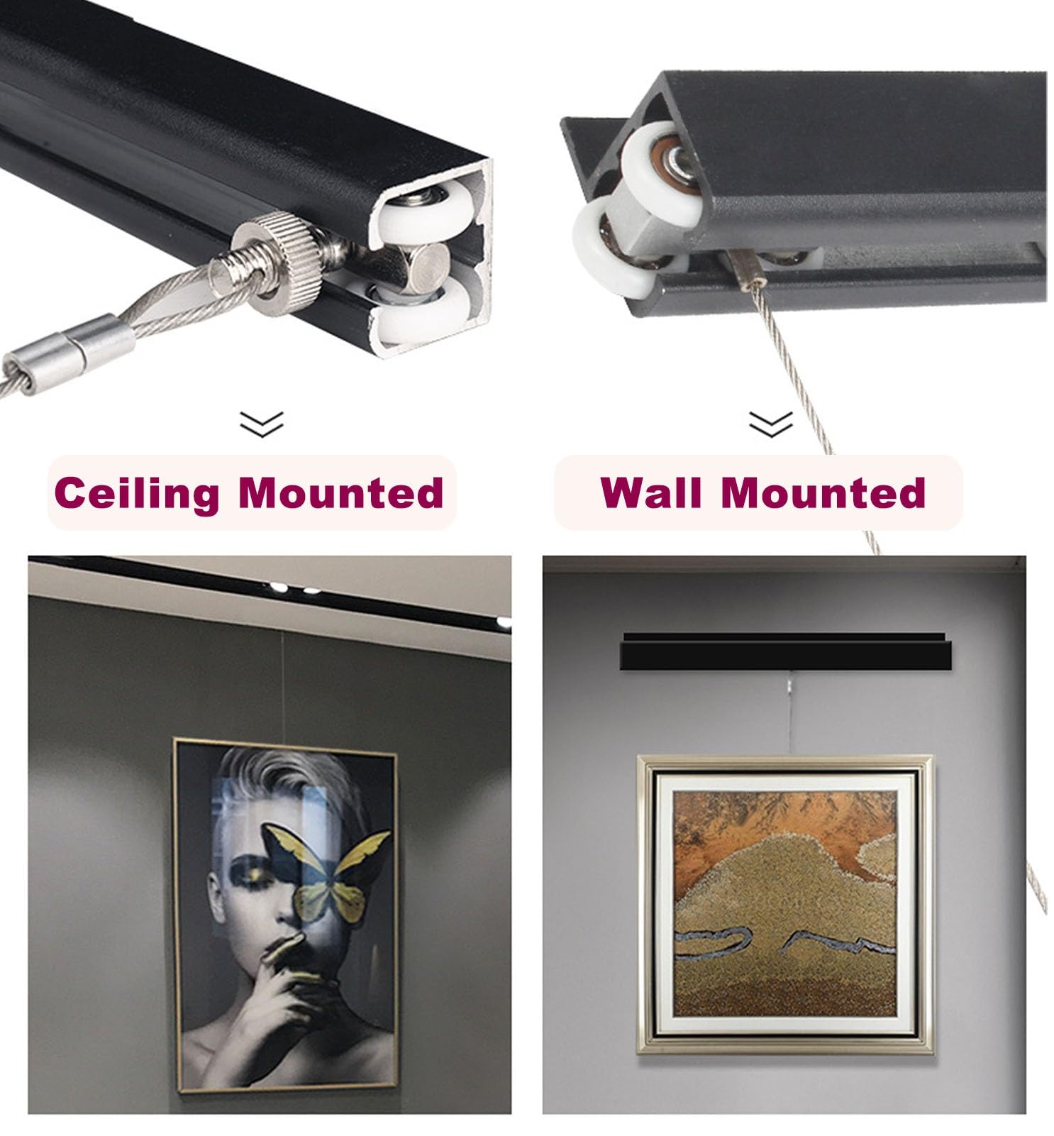 Attaccaglie per Quadri Sistema Professionale di Binari per Galleria D'arte | Binario in Alluminio da 1 m e 1,5 m(Wall Mount,1.5m rail+2.5m Wire)