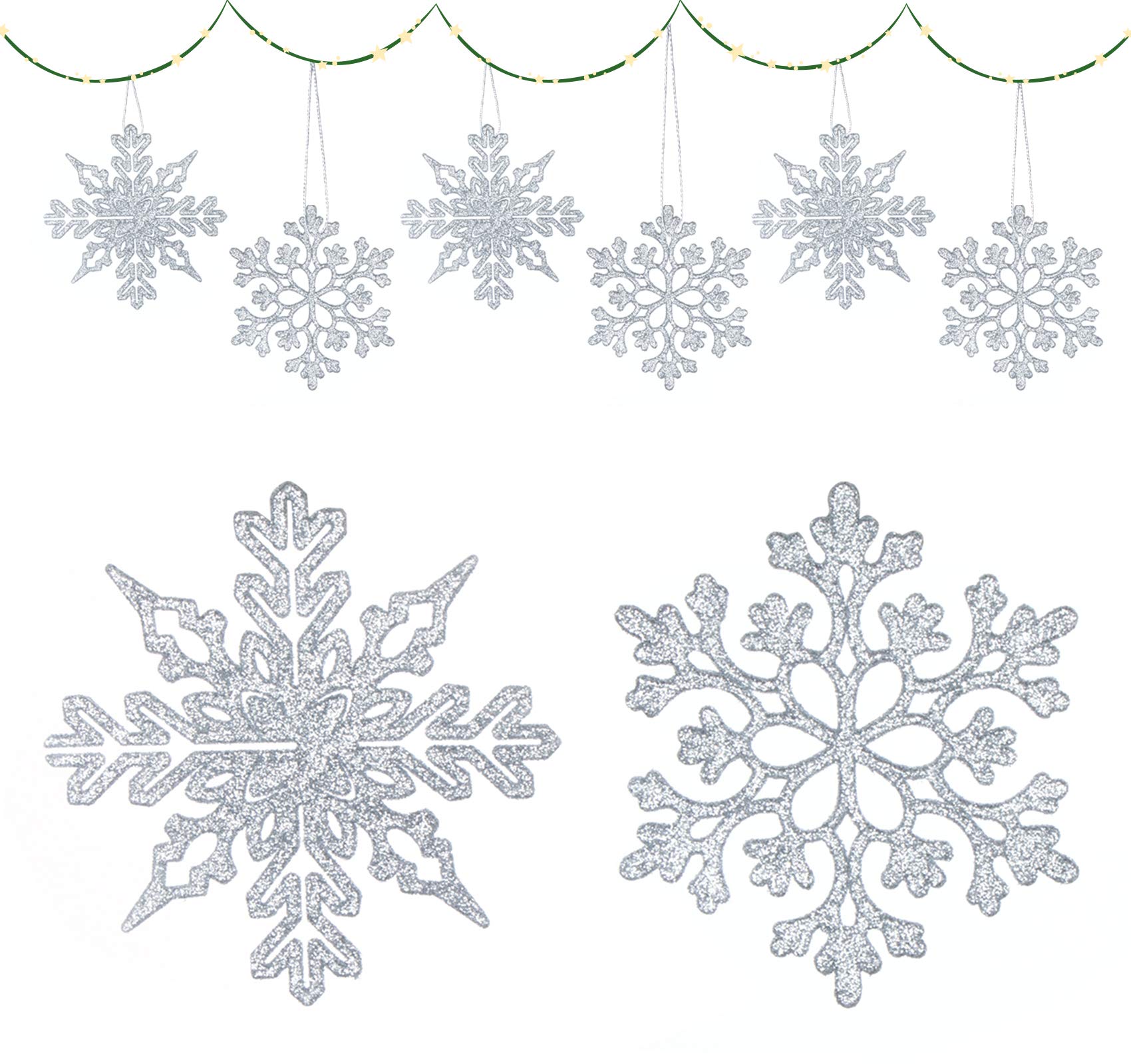 ilauke Snowflake Decoration, 36pcs Glitter Hanging Snowflakes - 10cm Silver Christmas Decorations and Plastic Christmas Snowflake Ornaments for Christmas Snowflakes and Christmas Tree Decor