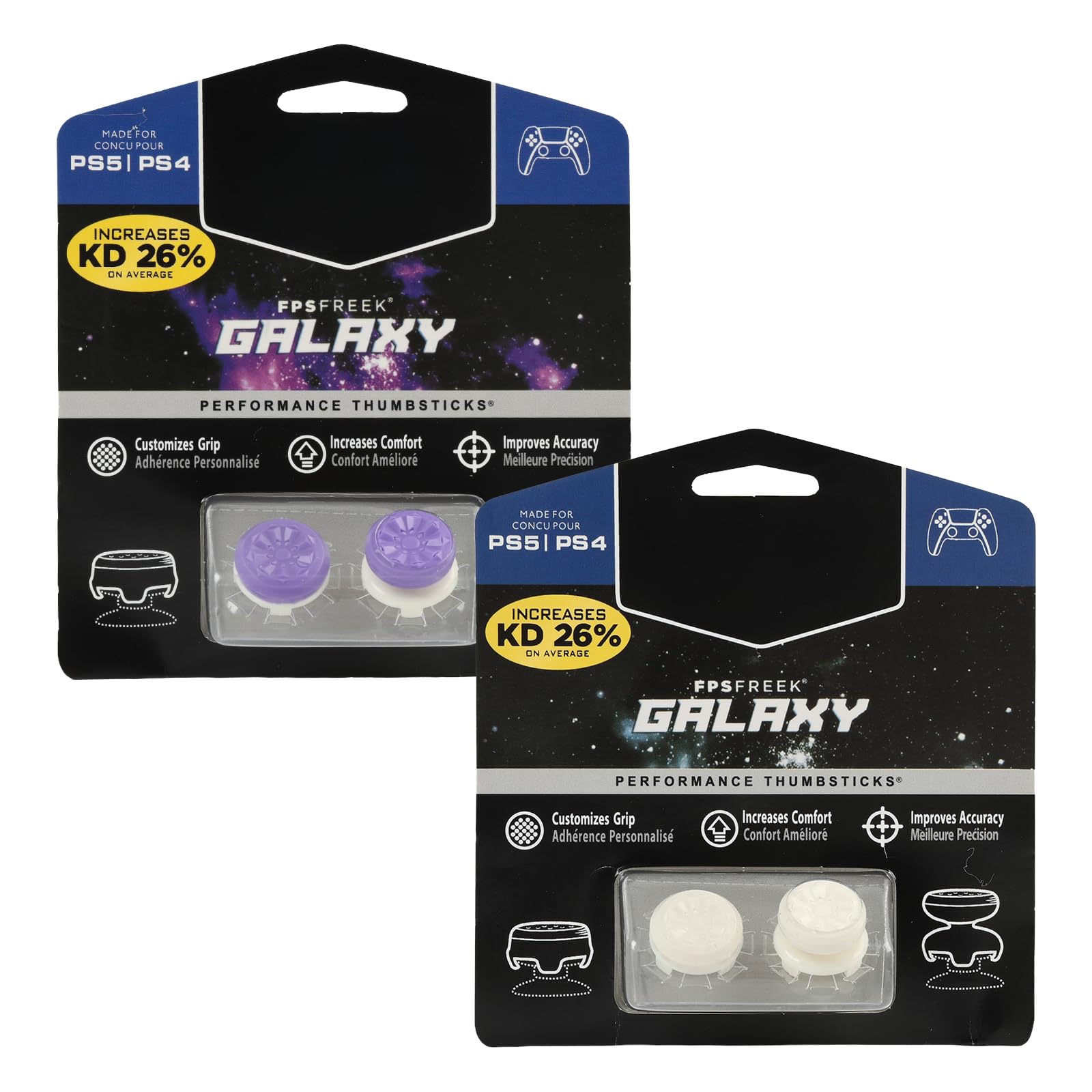 Kompatybilne z FPS Freek Galaxy PS5 Stick Aufsätze, ikoniczne wydajne kości kierunkowe dla PlayStation 5, PS4, precyzyjne podwyższenia joysticka do gier FPS, fioletowe, białe, komfortowa kontrola