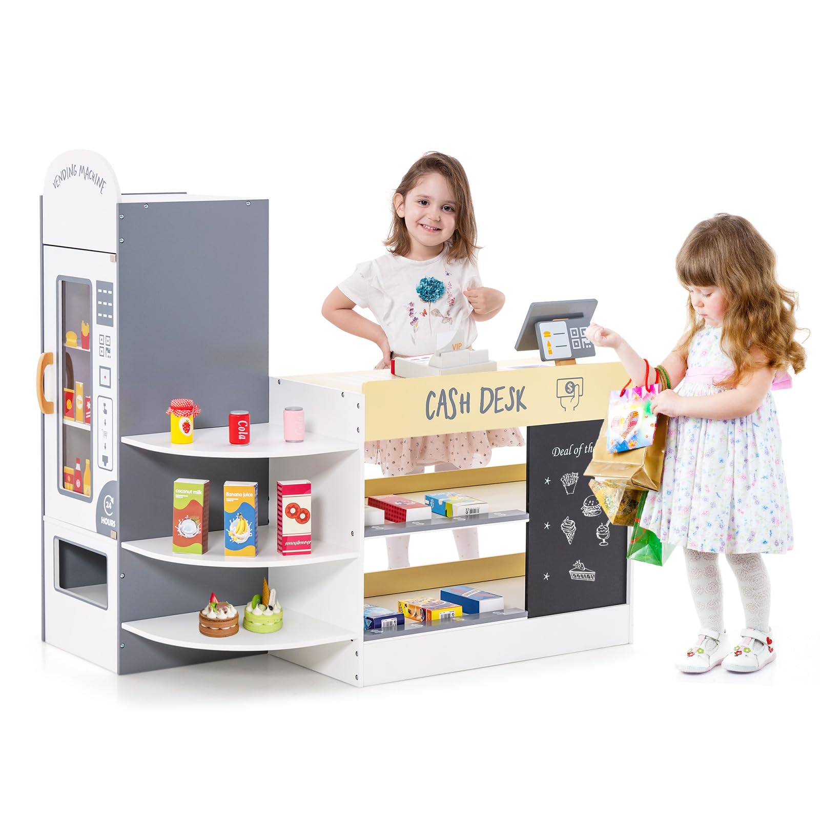 COSTWAY Tienda Infantil de Comestibles, Juguete de Madera de Supermercado con Caja Registradora, Máquina POS, Máquina Expendedora, Pizarra para Escribir, Cajero de Juguete para Niños (Blanco)