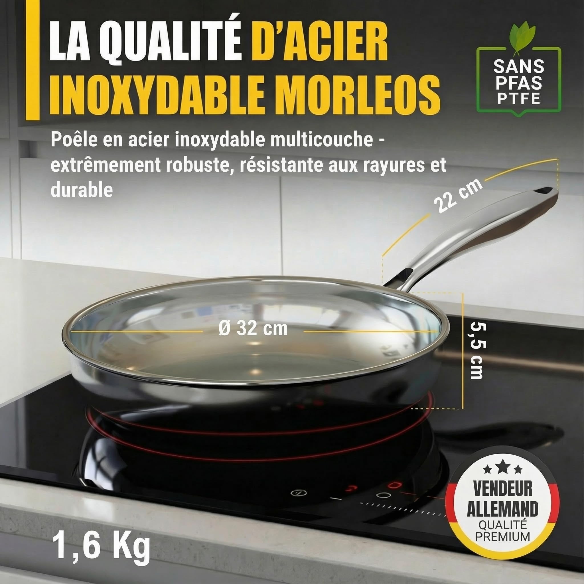Poêle en acier inoxydable 18/10 Ø 32cm | 5 couches - 3mm - 1,67 kg | Résistant au four jusqu'à 400°C | Poêle en acier inoxydable pour induction et Lavable au lave-vaisselle