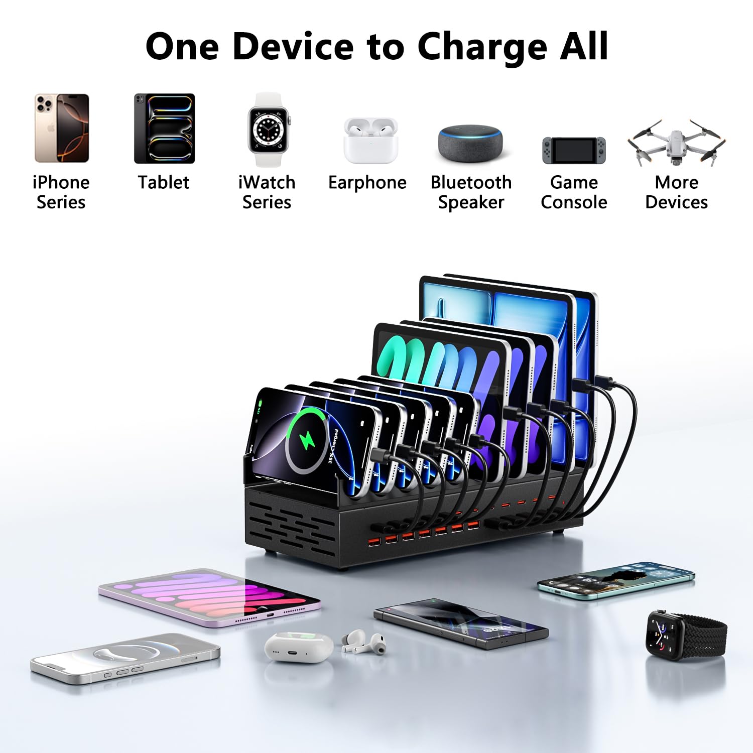 Stazione di ricarica da 300 W per più dispositivi, caricatore rapido USB a 24 porte, organizer multiplo compatibile con Smart Power Delivery, smartphone, tablet, stazione di ricarica per casa, ufficio