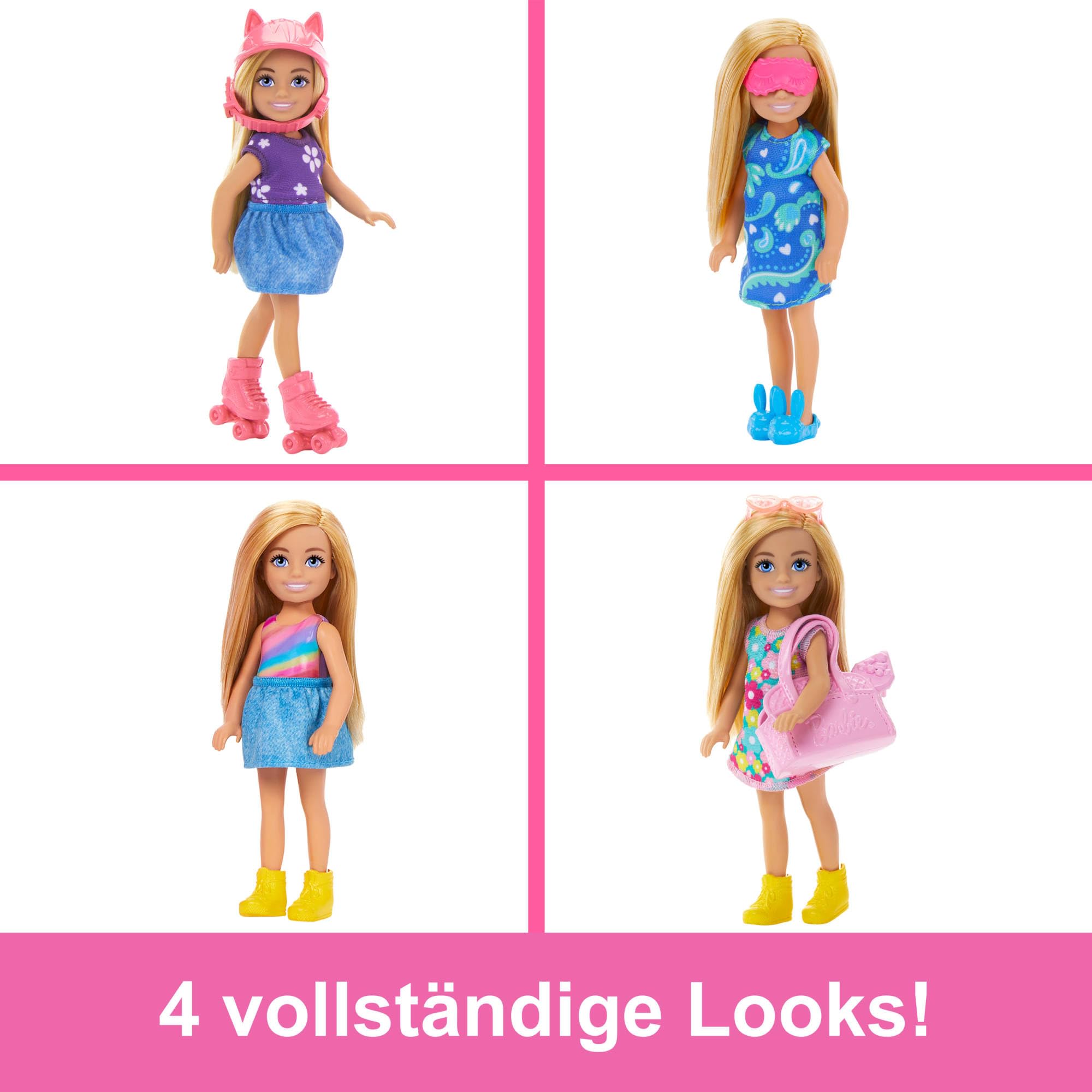 Barbie Chelsea Puppe und Kleiderschrank-Spielset mit Kleidung und Accessoires, 17-teiliges Set, faltbar zum Spielen für unterwegs und zum Verstauen, HXN03
