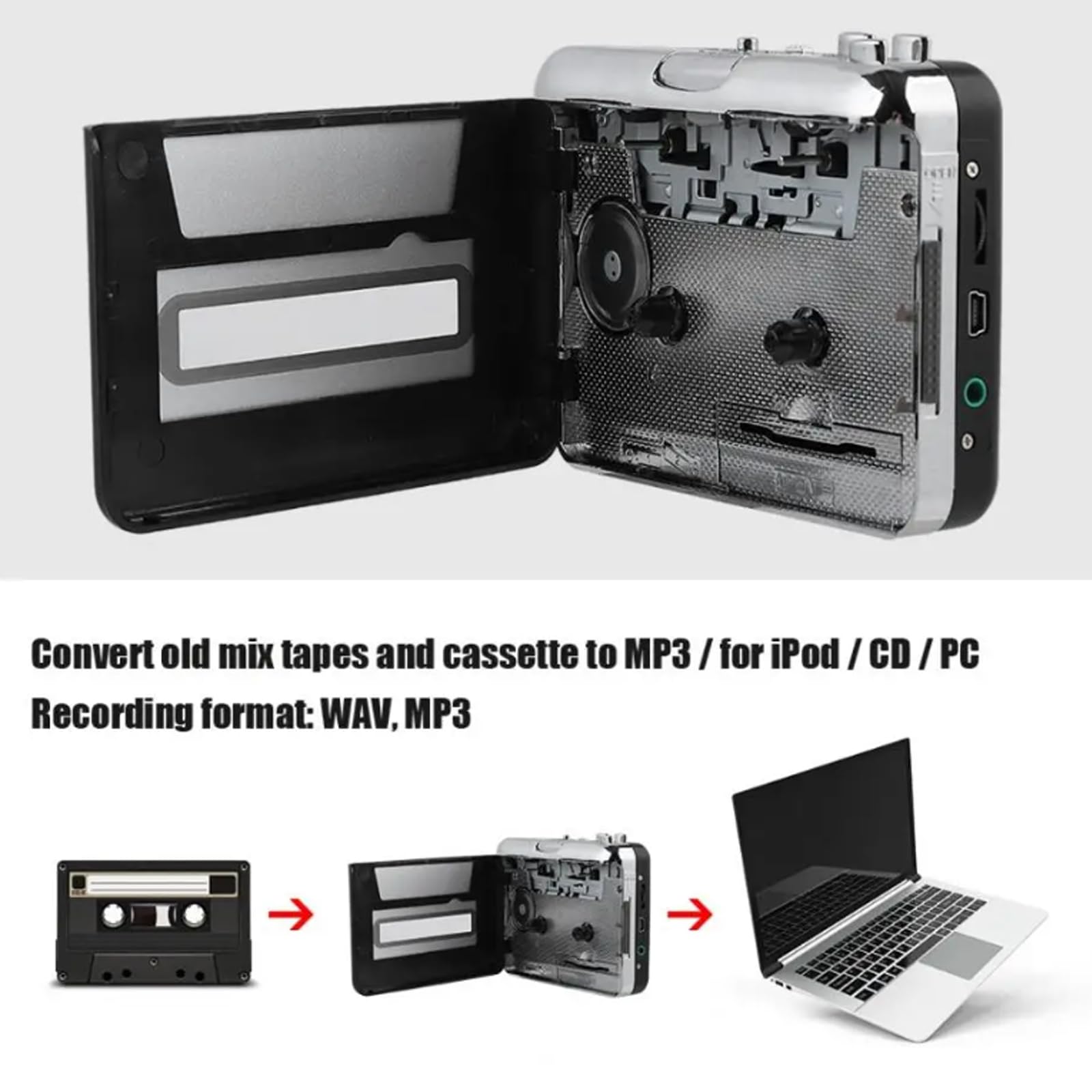 Magnétophone Portable, Lecteur de Cassettes Portable, Convertisseur Audio USB Cassette vers MP3, Lecteur de Cassettes avec Prise Casque 3,5 mm, Mini Magnétophone pour Ordinateur Portable (Noir)