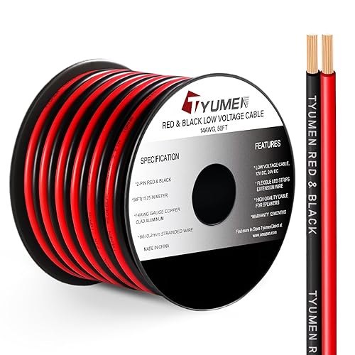 Cable rojo negro de calibre 14 de 50 pies, cable eléctrico paralelo 14/2 AWG de 12 V/24 V CC, cable de extensión de aluminio revestido de cobre