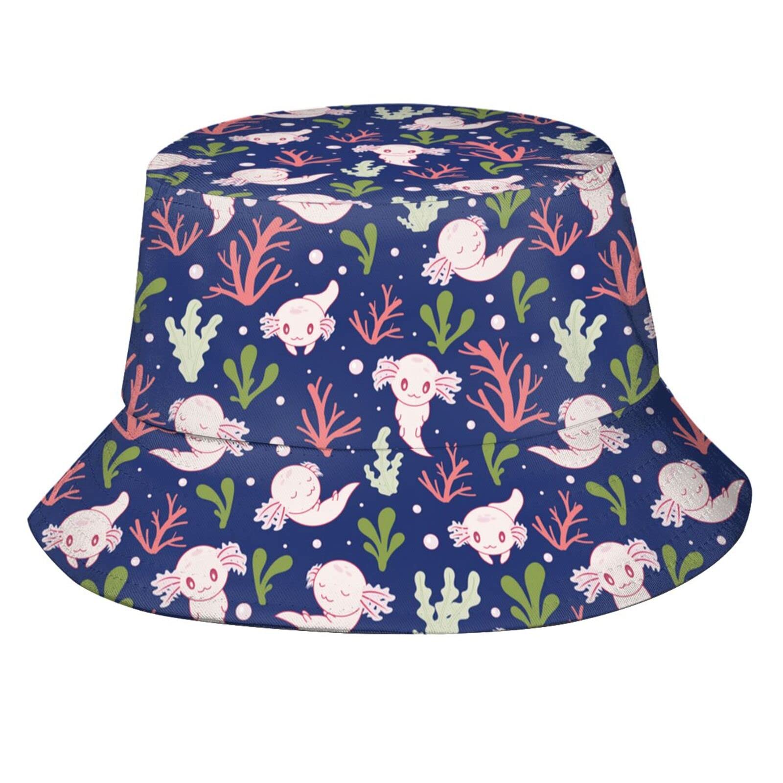 Fxuyyok Axolotl Bucket Hat for Men Women Cute Axolotls Fisherman Hat Sun Protection Beach Hat for Summer Outdoor
