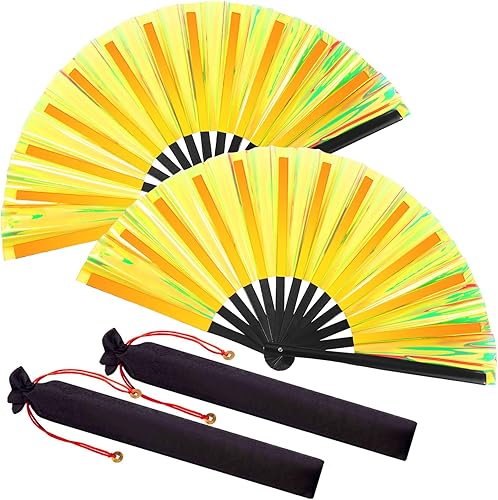 Miniatura 7 de Maitys Large Rave Fan Clap Fans for Line Dancing Large Holographic Folding Hand Fans for Men and Women, Festival, Tai Ji, Kungfu, Martial Art, Láser