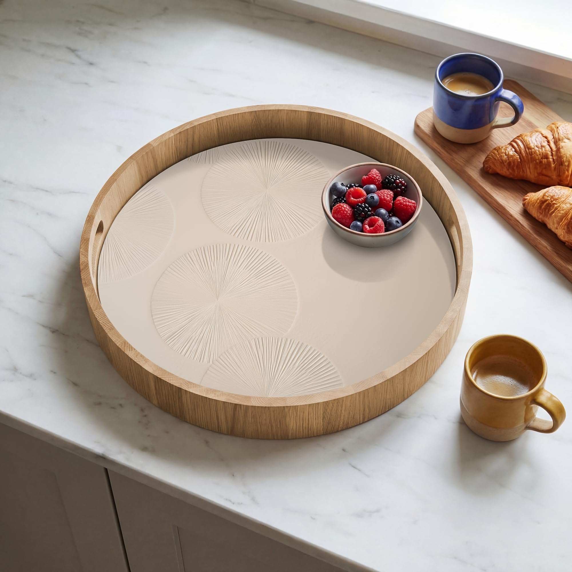 Bandejas Redonda 40x40 cm Bandeja Cafe para Servir Comida Bonitas Resistente Al Calor Tray De Madera Desayuno Cocina Tabuleiro Japandi - Beige - Moderno