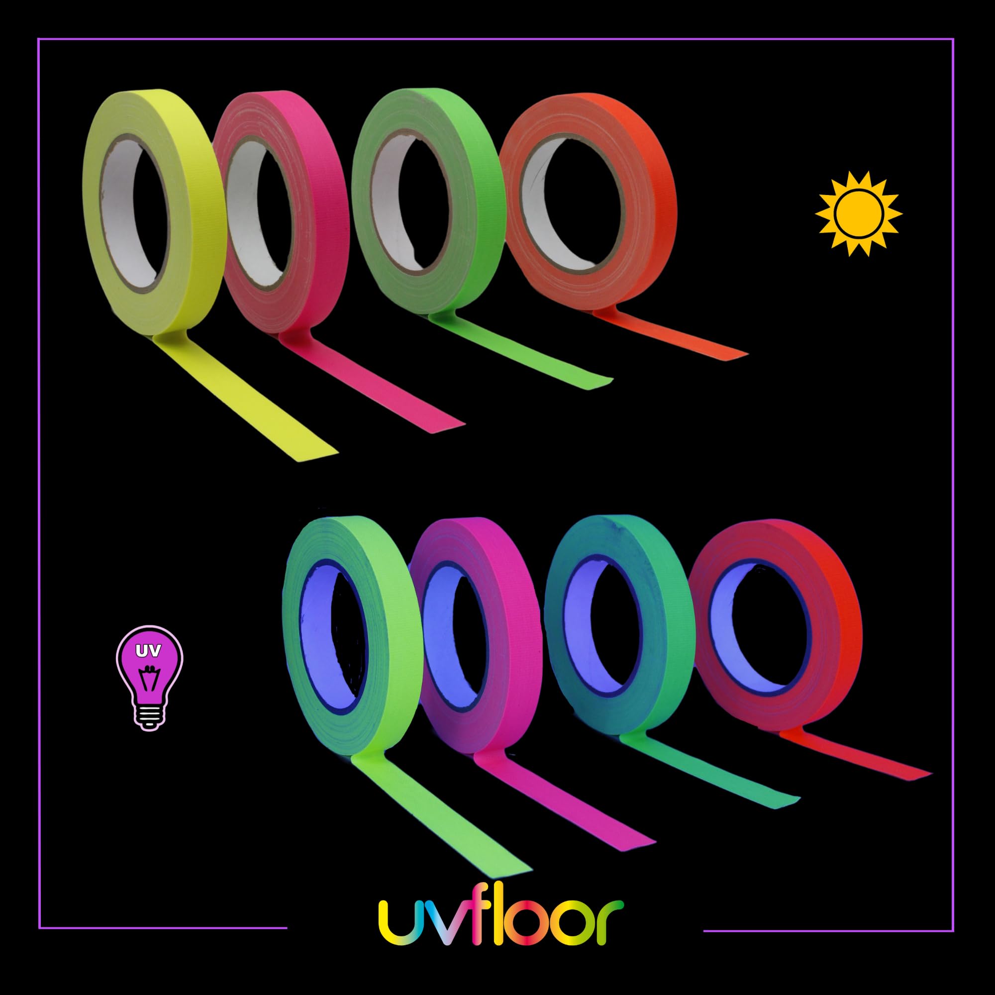 UV FLOOR - Pack Adhésif Fluo - Gaffer Qualité Premium - Accessoire Fluorescent - Fête - Bande Adhésive Décorative - Lot de 4-1,9cm x 25 m soit 100m