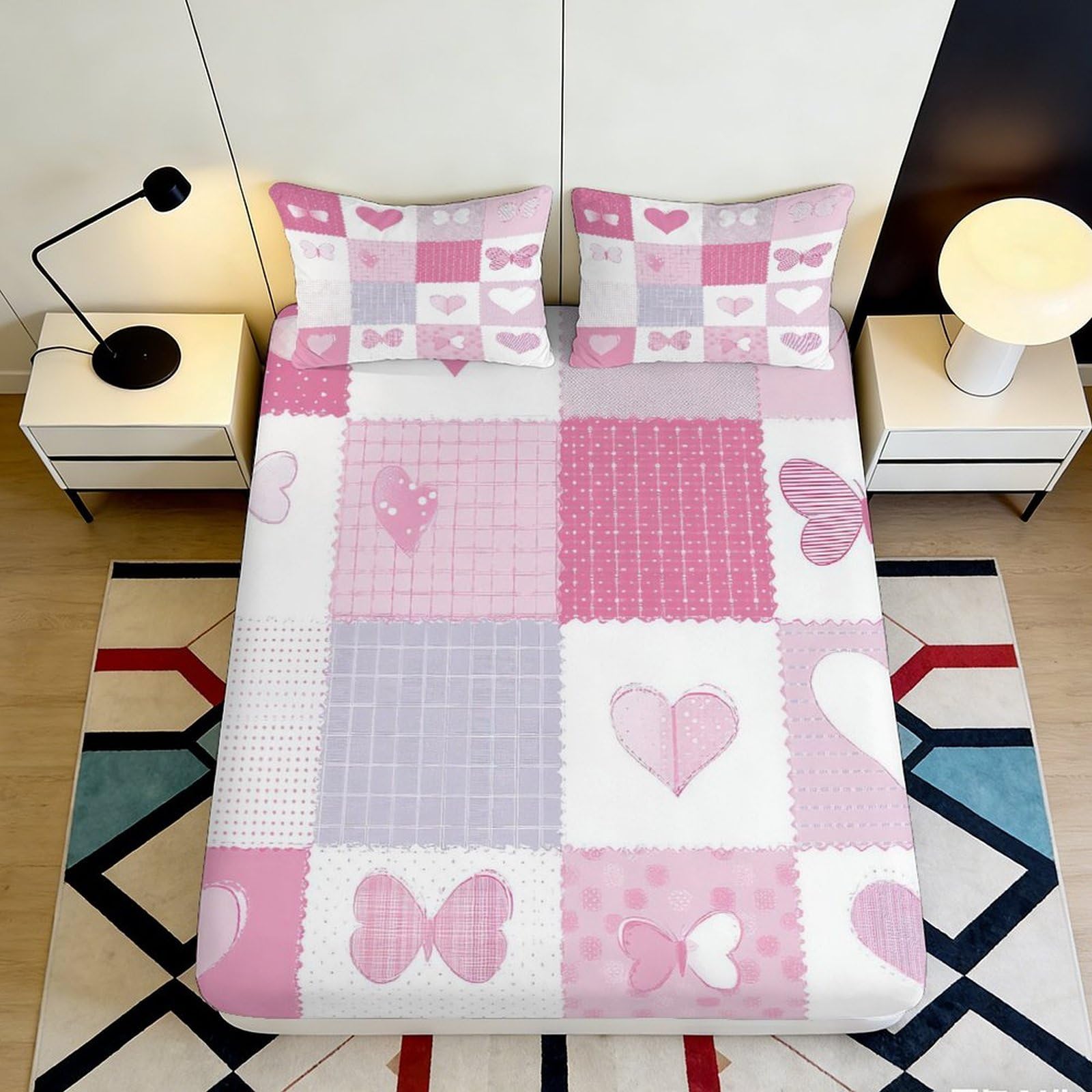 3D Printed Pink Hearts and Butterflies Fitted Sheet Microfiber Soft Breathable Patchwork Bed Cover for Bedroom Dormitory Guest Room Mattress Protection 120x200x25cm