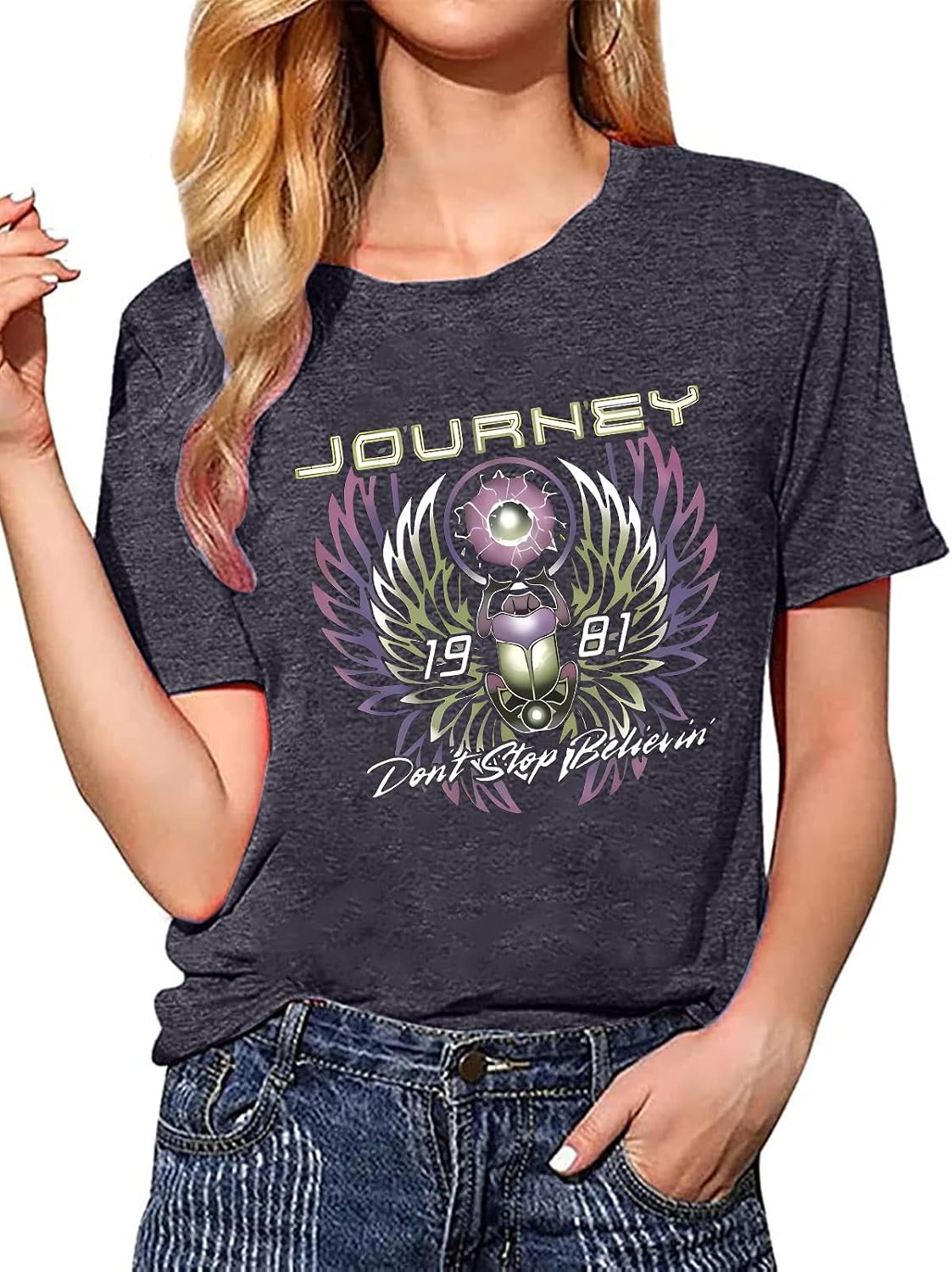 Journey Women's Graphic T-Shirt Don't Stop Believin Short-Sleeve Tops Vintage Style image 5