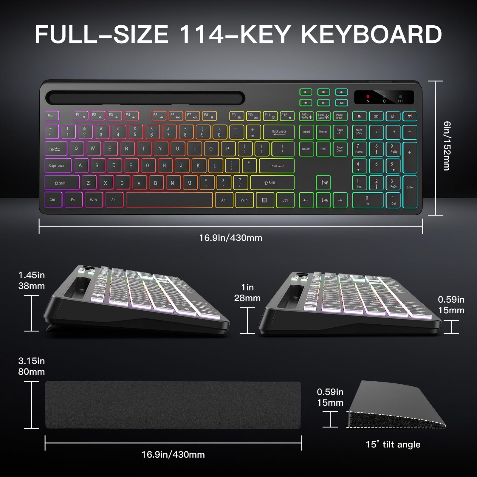 Soueto Tastiera wireless con 7 colori e 4 modalità RGB retroilluminata, tastiera ergonomica con poggiapolsi, supporto per telefono e tablet, tastiera per computer con illuminazione 2,4 G con tastiera