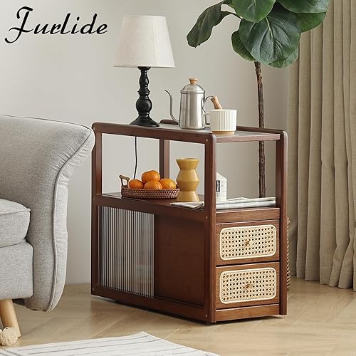 Miniatura 9 de Mesita de noche de ratán con almacenamiento, mesita de noche de bambú, mesas auxiliares modernas de cristal de mediados de siglo para espacios