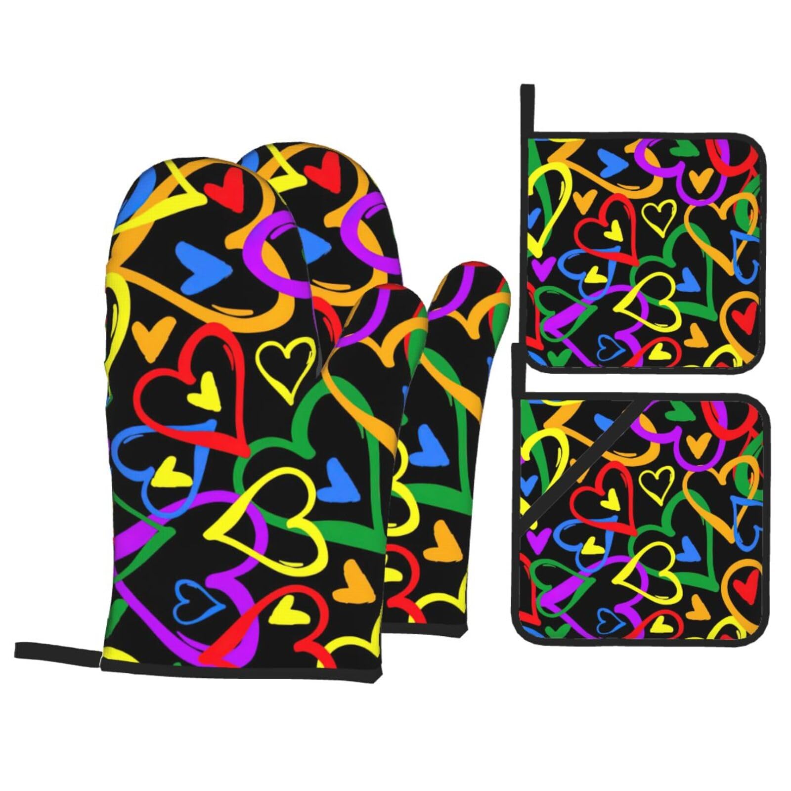 Gay Pride Rainbow Print 4-Piece Oven Microwaving Set Waterproof Kitchen Gloves for Baking Grilling Cooking