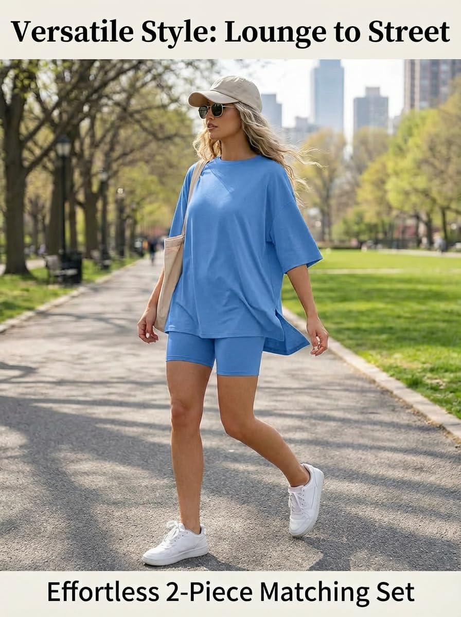 LIGHT DOT Women's 2 Piece Lounge Sets Casual Oversized Pajamas Short Sleeve Tops Biker Shorts Matching Outfits with Pocket - Image 6