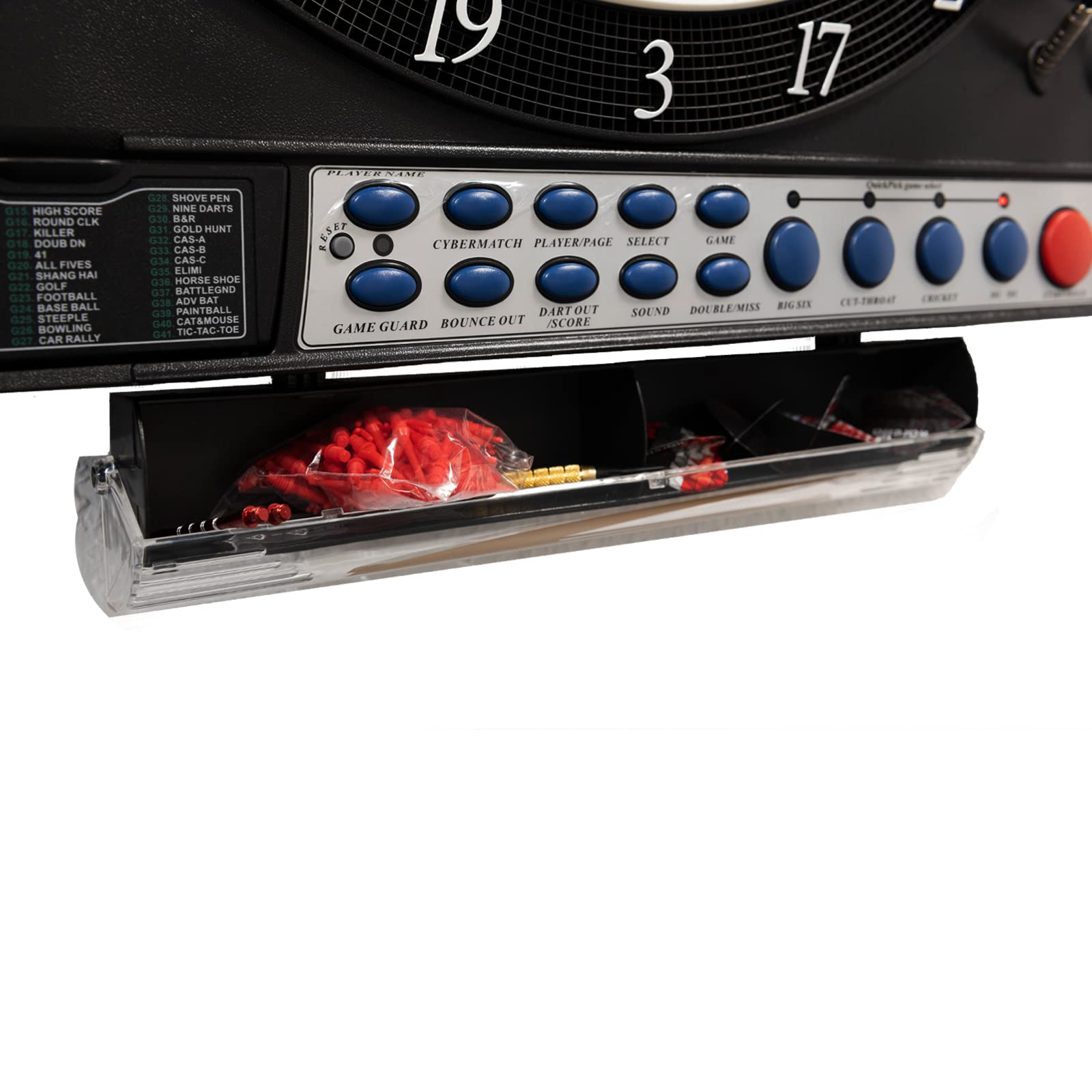 Dartautomat Premium Silver, elektronische Dartscheibe mit High-End Level 41 Spiele, Profi 2-Loch Turnierausführung, LED-Anzeigen, inkl. 12 Softdarts