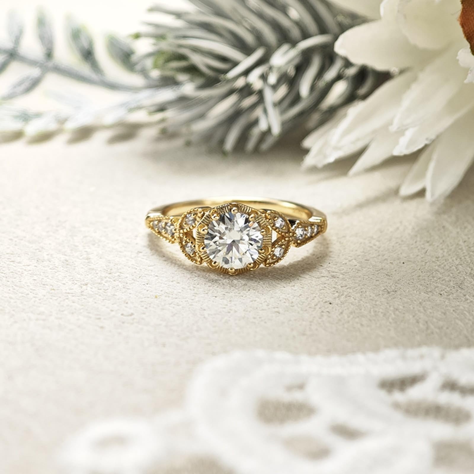 Alianzas de boda auténticas Au 375/585/750 oro amarillo con moissanita, forma de hoja vintage