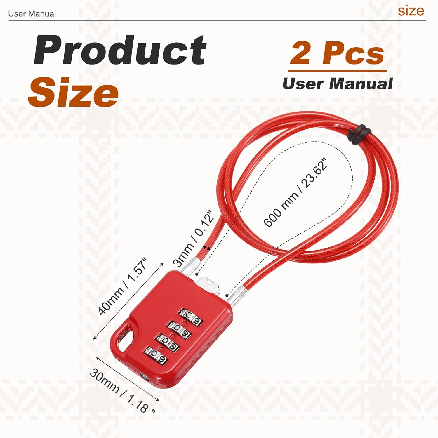 PATIKIL Combination Padlock (23.6 Inch, Red) (2 Pcs), 4-Digit Combo Padlock Luggage Locks with Coated Steel Wire Rope, Suit for Gym Locker/Fence/Storage/Backpack/Toolbox/Cabinets