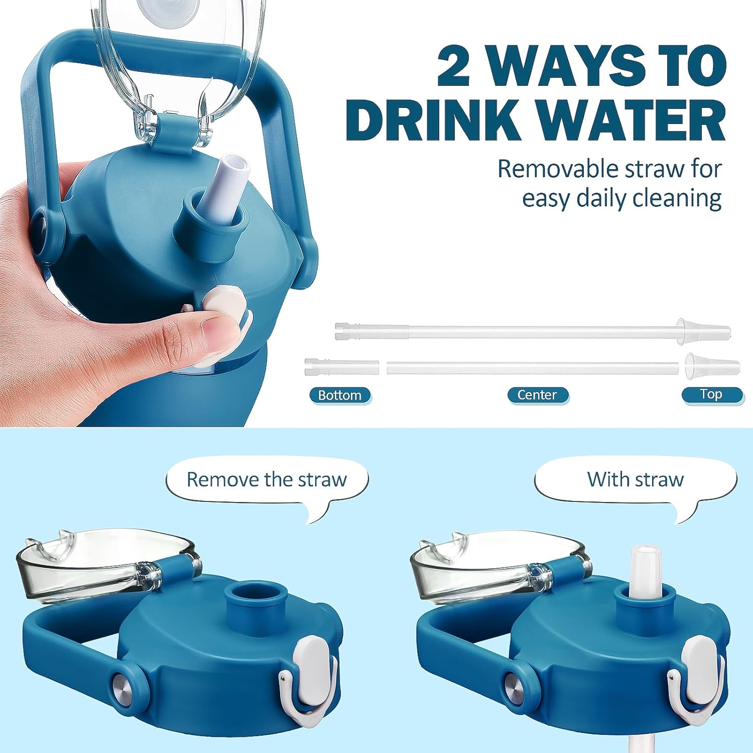 kytffu 64oz Glass Water Bottles with Straw, Half Gallon Motivational Glass Bottle with Silicone Sleeve and Time Marker, 2L Leakproof Large Glass Water Jug for Gym Home Office,Iron Blue - Image 3