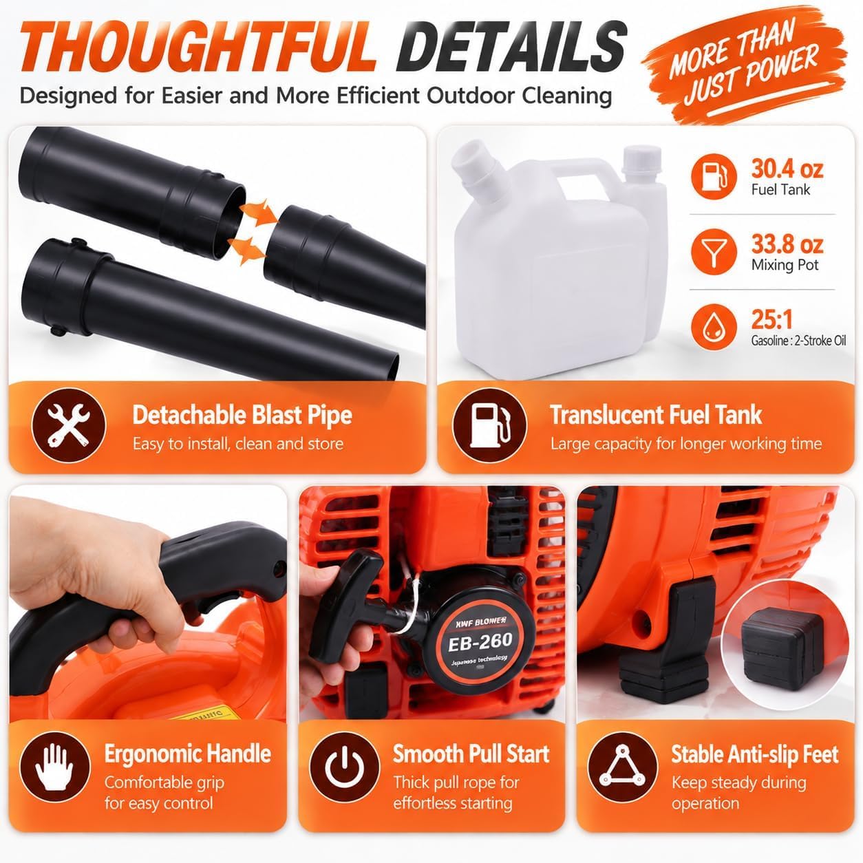 KEhtu Soplador De Hojas A Gasolina Eb-260 De 25,4 CC Y 2 Tiempos, Soplador De Césped Portátil A Gasolina, 7000 RPM, Flujo De Aire De 0,13 M³/s, Depósito De Combustible De 0,9 L, Plástico Y Aluminio,