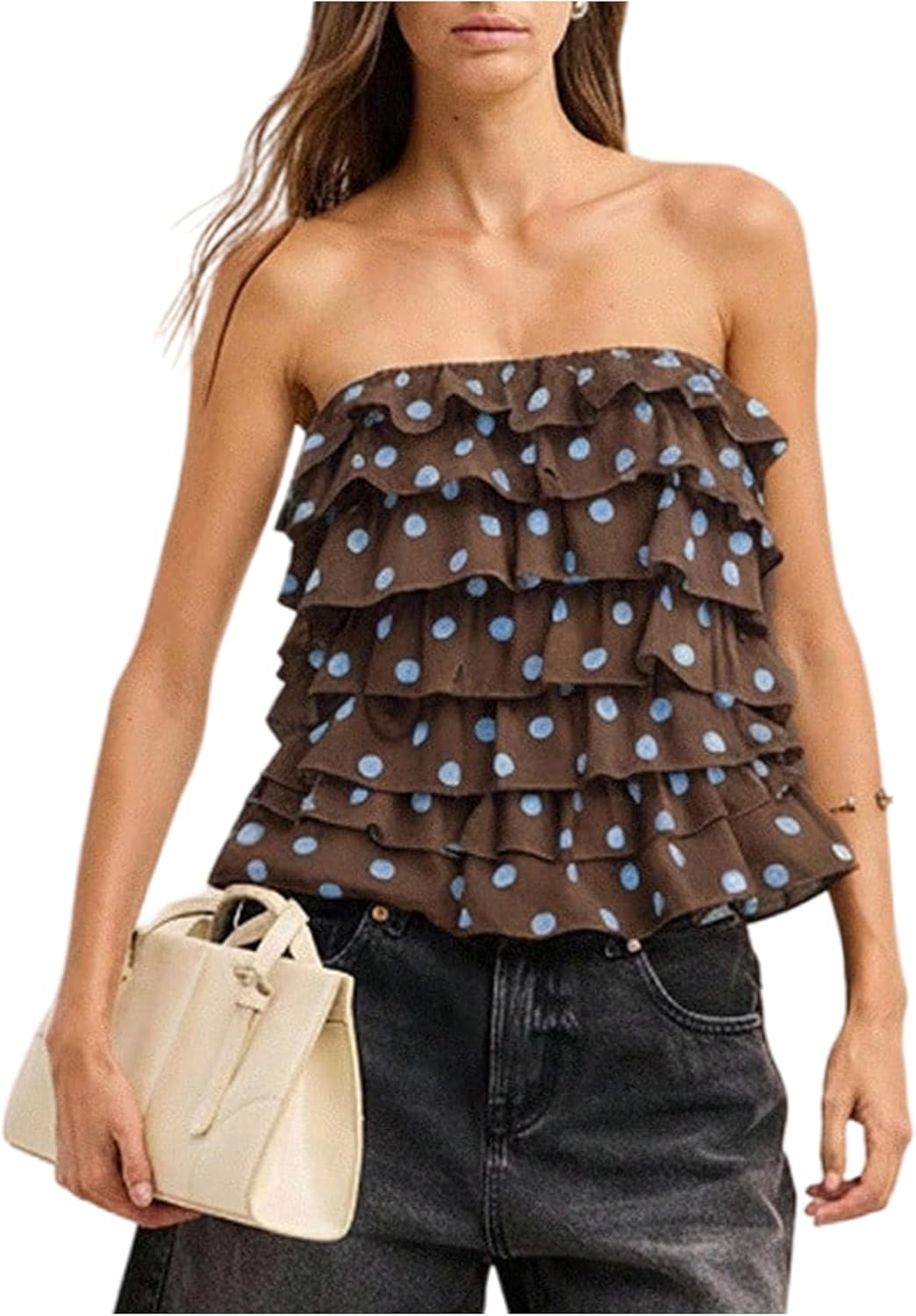 OYOANGLE Women's Polka Dots Layered Ruffle Strapless Top Y2K Cute Sleeveless Tie Back Tube Tops