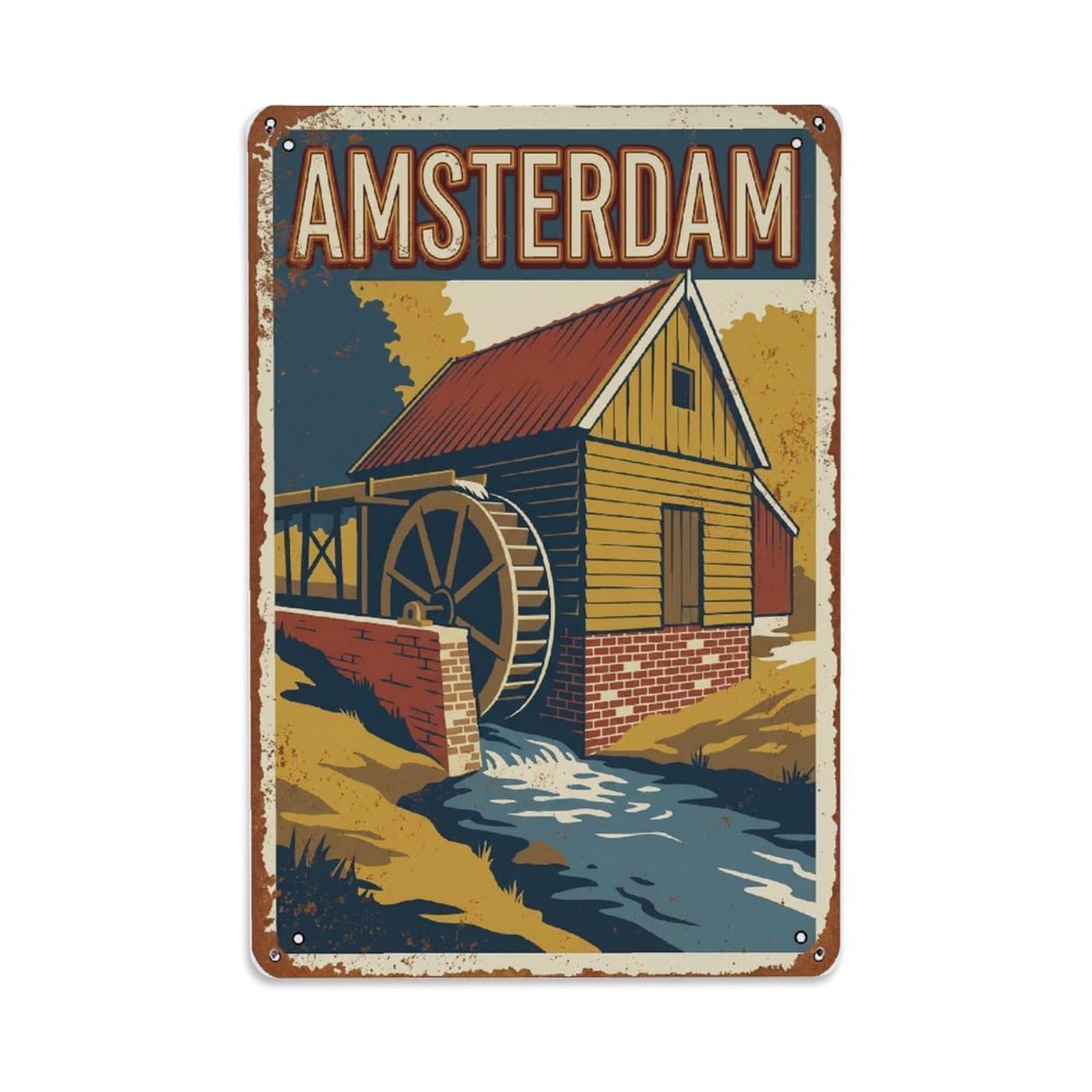 Vintage Travel Watermill Netherlands Historic Metal Tin Sign Plaque Wall Decor for Cafe, Club Bar, Office, Home Garden Metal Poster 8x12Inch
