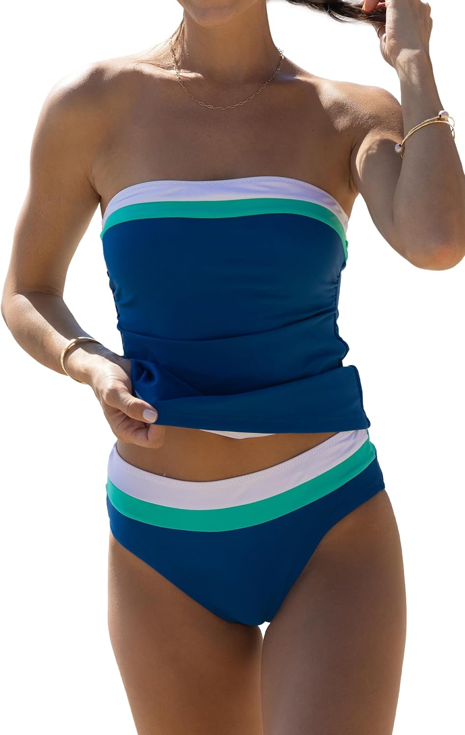 Beachsissi Women's Bandeau Swimsuits Strapless Tummy Control Color Block Tankini Sets