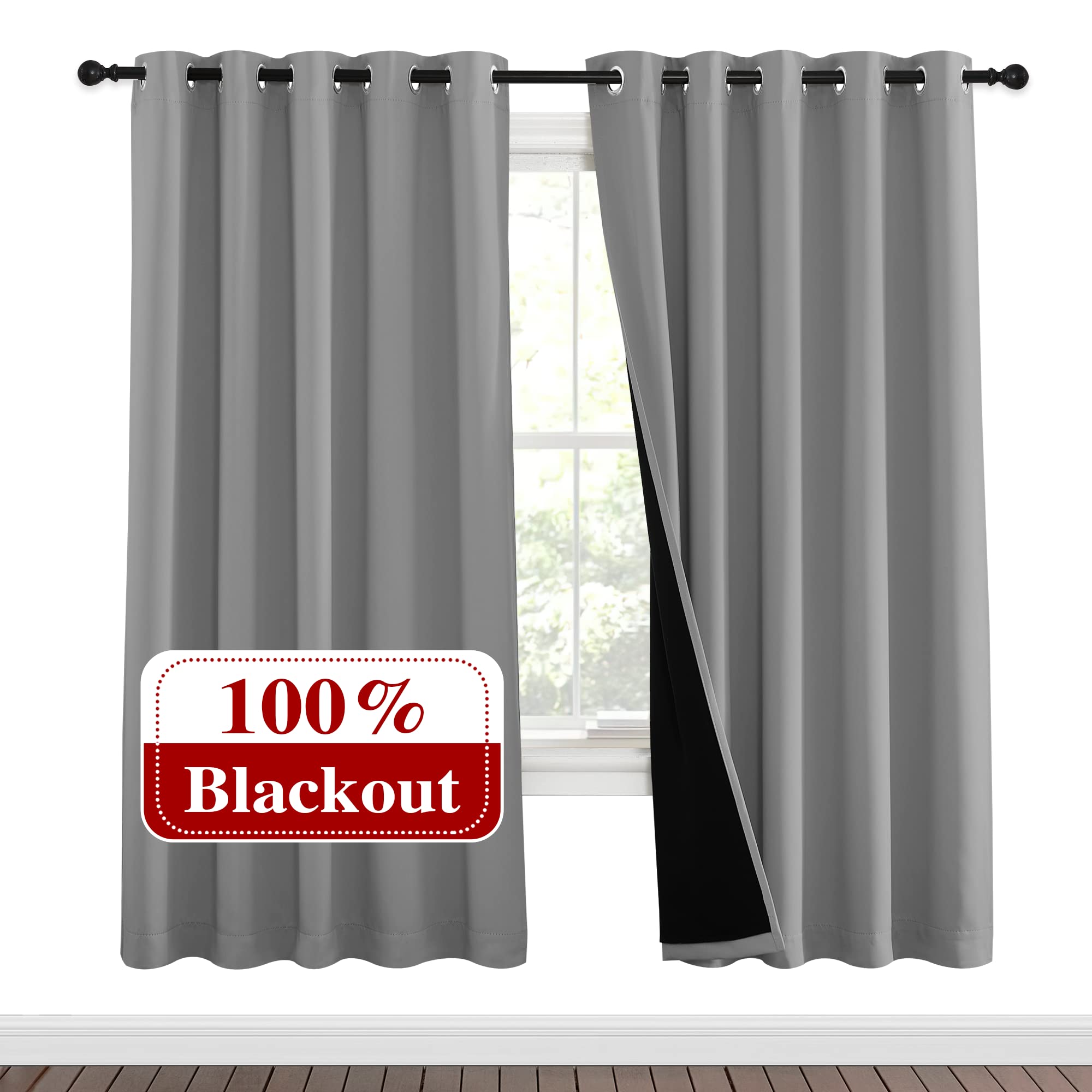 NICETOWN Full Shade Curtain Panels, Pair of Energy Smart &amp; Noise Blocking Out Blackout Drapes for Dining Room Window, Thermal Insulated Guest Room Lined Window Dressing(Silver Grey, 62 x 72 inch)