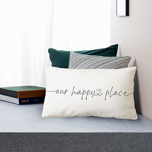 Miniatura 2 de Sidhua Decoración de funda de almohada con temática familiar de granja para el hogar, con cita de «Our Happy Place», funda de almohada rústica de 12