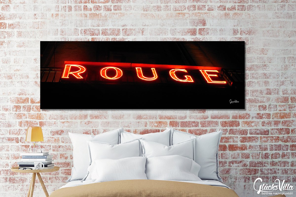 Glücksvilla - Rotes Rouge (Echtglas + Acryl 4 mm, 90 x 30 cm) | div. Maße - aus DE - Kunstdruck XXL Deko Wandbild quer - Hotel Reklame Leuchtschrift Schild Buchstabe
