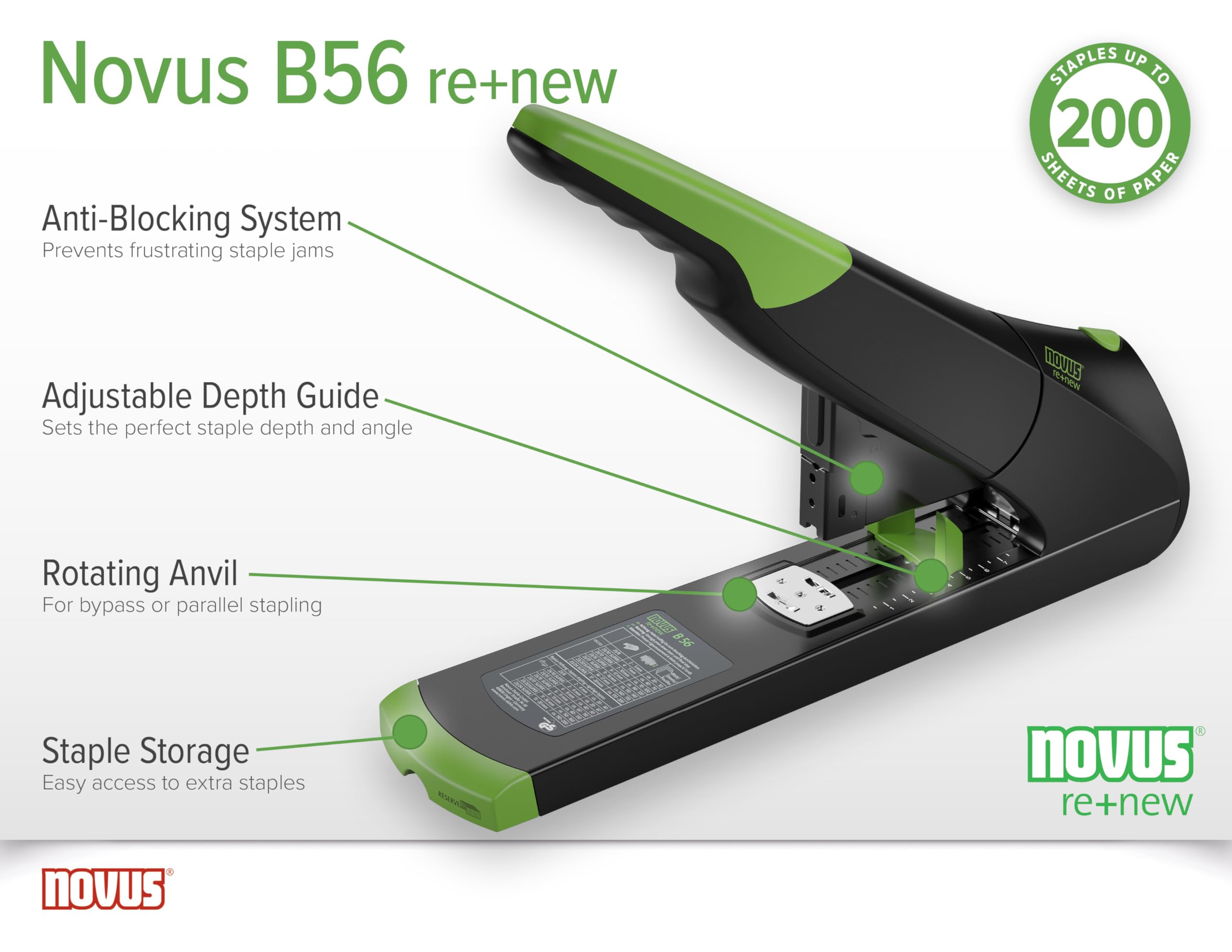 Novus B 56 re+new nachhaltiges Blockheftgerät (Heftleistung 200 Blatt, variabler Einlegetiefe bis 75 mm, Vollmetallgerät mit Kunststoffummantelung aus 82% recyceltem Kunststoff) schwarz grün