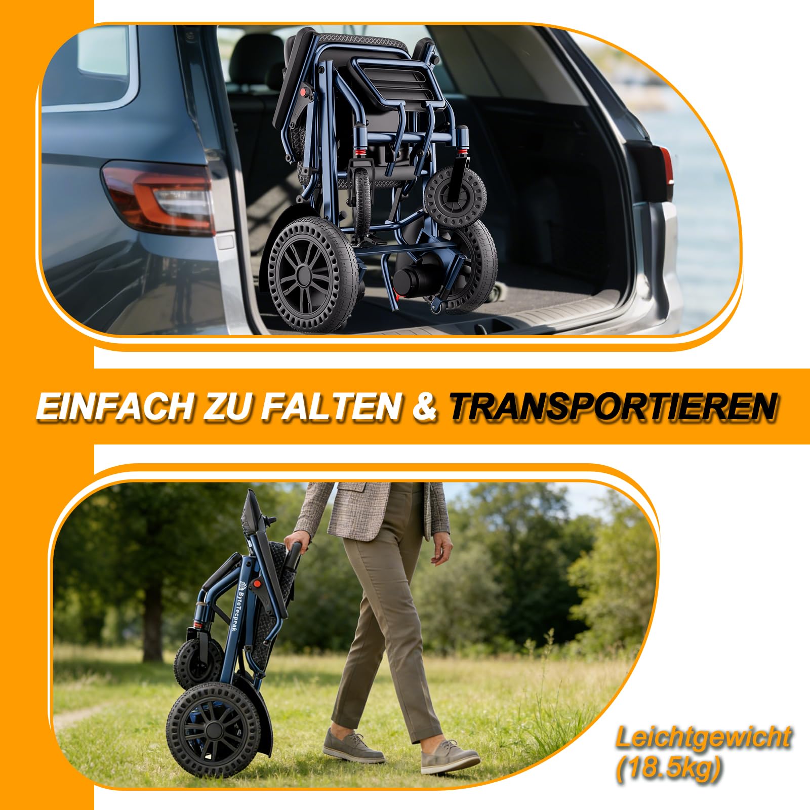 Elektrischer Rollstuhl Faltbarer 40 km Reichweite, 2 Akkus, D14 leicht E Rollstuhl, 18,5 kg ohne Akku, bis 150 kg, reisetauglich einfach zu transportieren mit komfortablem Sitz, für Reisen, Blau