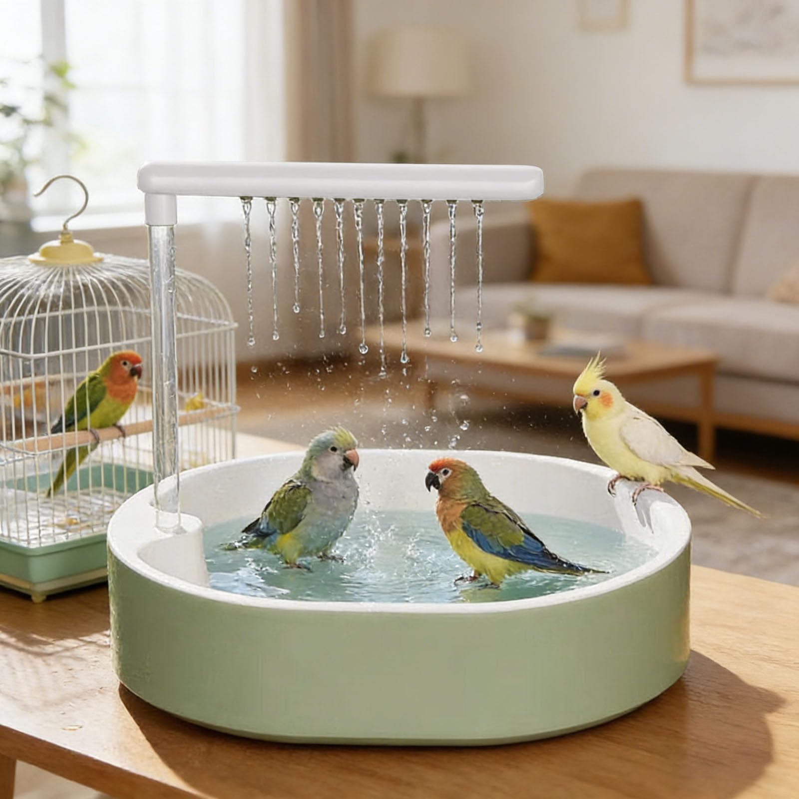 Automatic Electric Bird Bath, 26 Hole Flowing USB Powered Parrot Shower Tub, Large Cage Mounted Washing Tub for Parakeet Lovebird Cockatiel Conure Finch (White)
