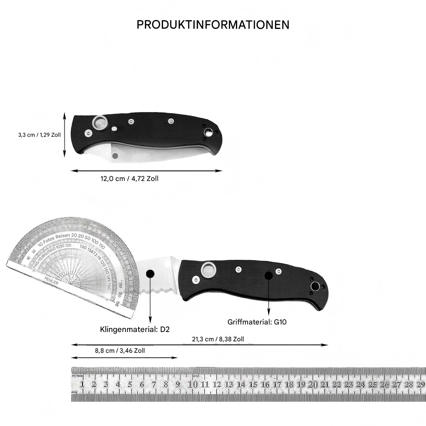Generisch Klappmesser 21,3 cm mit D2 Stahl und G10 Griff Vollklinge oder Teilwellenschliff für Camping Wandern Reisen Freizeit und Outdoor Aktivitäten (Vollblatt)