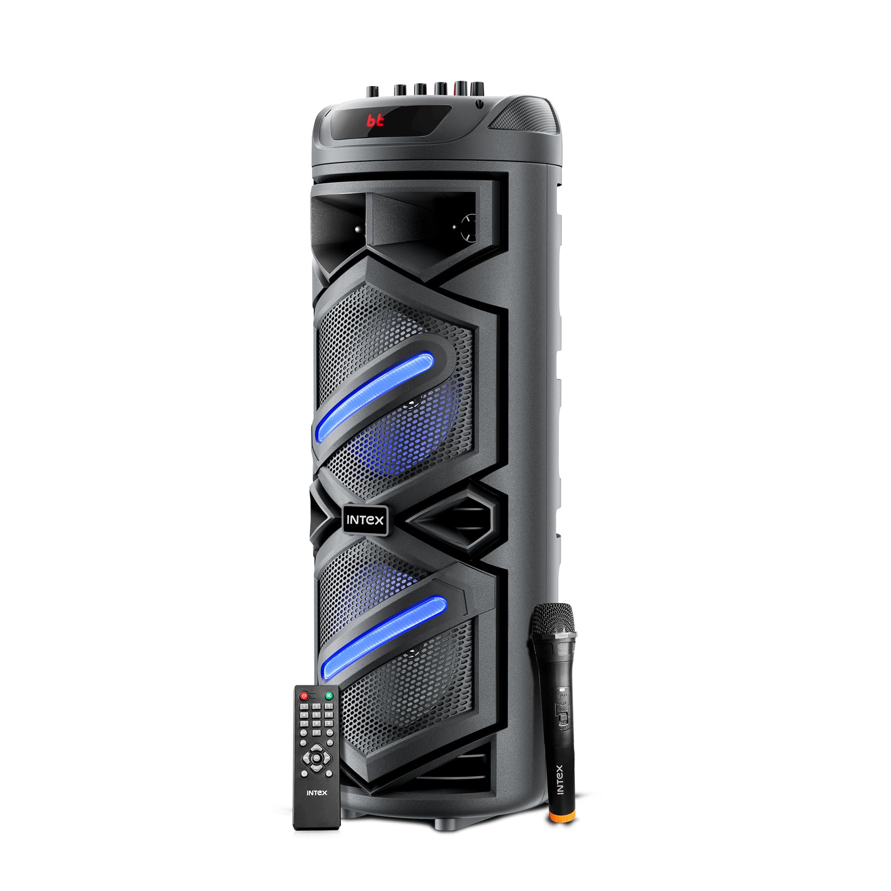 Intex Thriller 1100 Trolley Speaker | 110W Sound Output | Rechargeable Battery | Karaoke Wireless Mic | Mobile Holder | RGB Lights | FM/USB/AUX/BT Playback | 8" Woofer (Black)