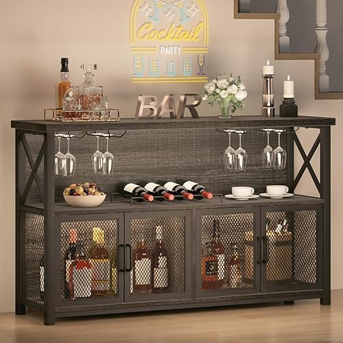LVB Gabinete de Bar de Vinos, Gabinete Industrial de Barra de Café para Licor y Vasos, Aparador Buffet Moderno con Estante de Almacenamiento, Bar