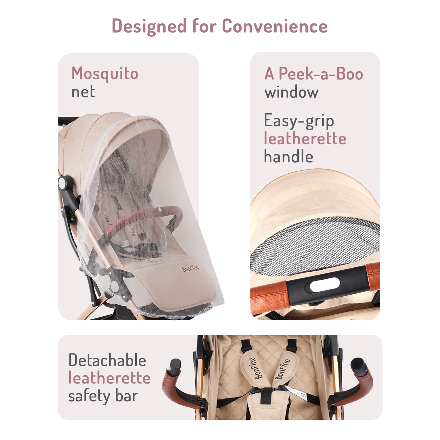 Bonfino Premium Runway Cabin Stroller Adjustable Canopy & Reclining Seat, Foldable Baby Pram with 5 Point Safety Harness, Storage Bag, Mosquito Net & Bottle Holder, Trolley Handle,0-3 Years (Beige) 4
