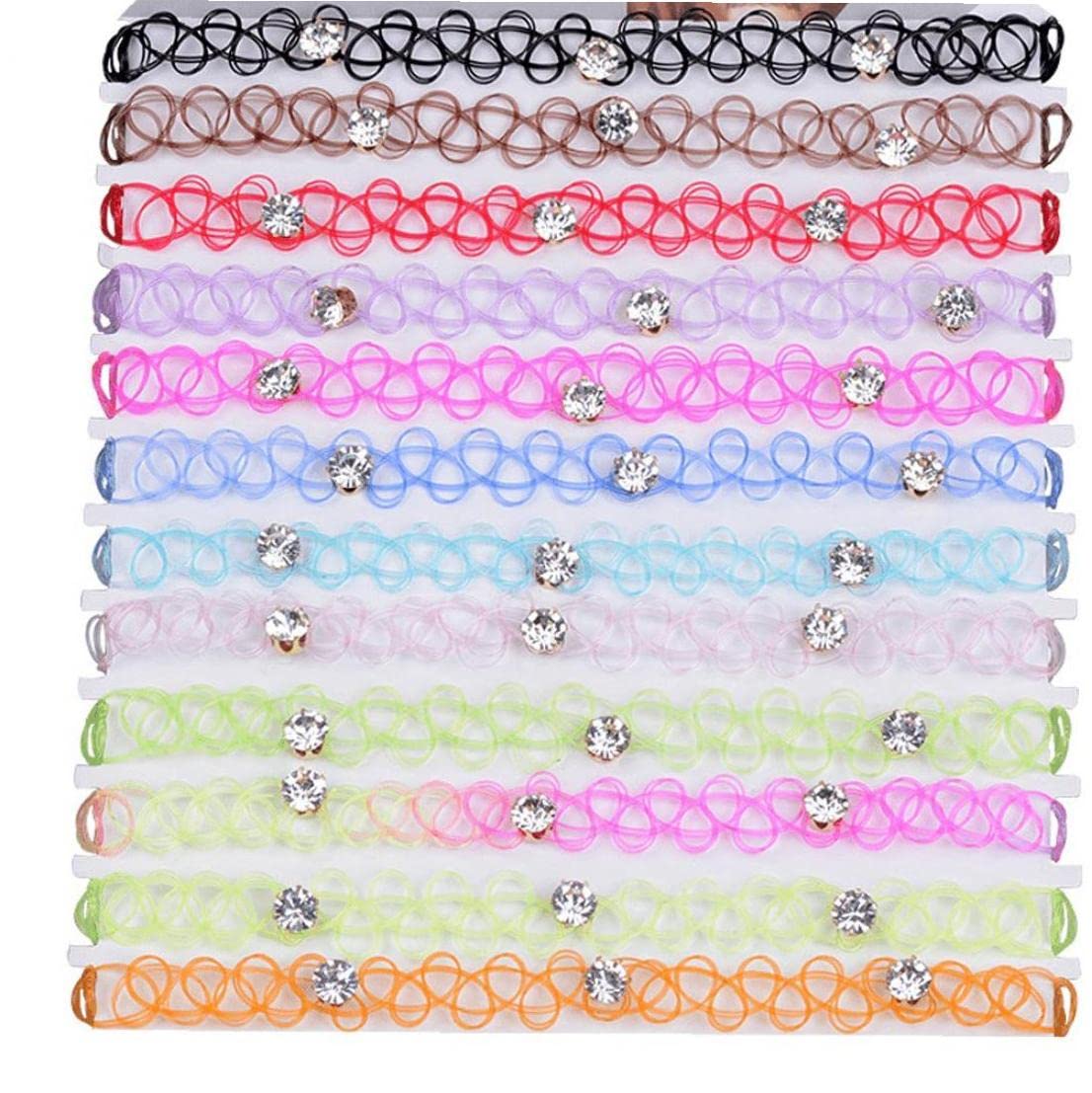 Casiler Women's Colorful 12Pcs Plastic Choker Necklace Set Henna Tattoo Stretch Elastic Lace Necklace Jewelry Multicolor Beaded Gift