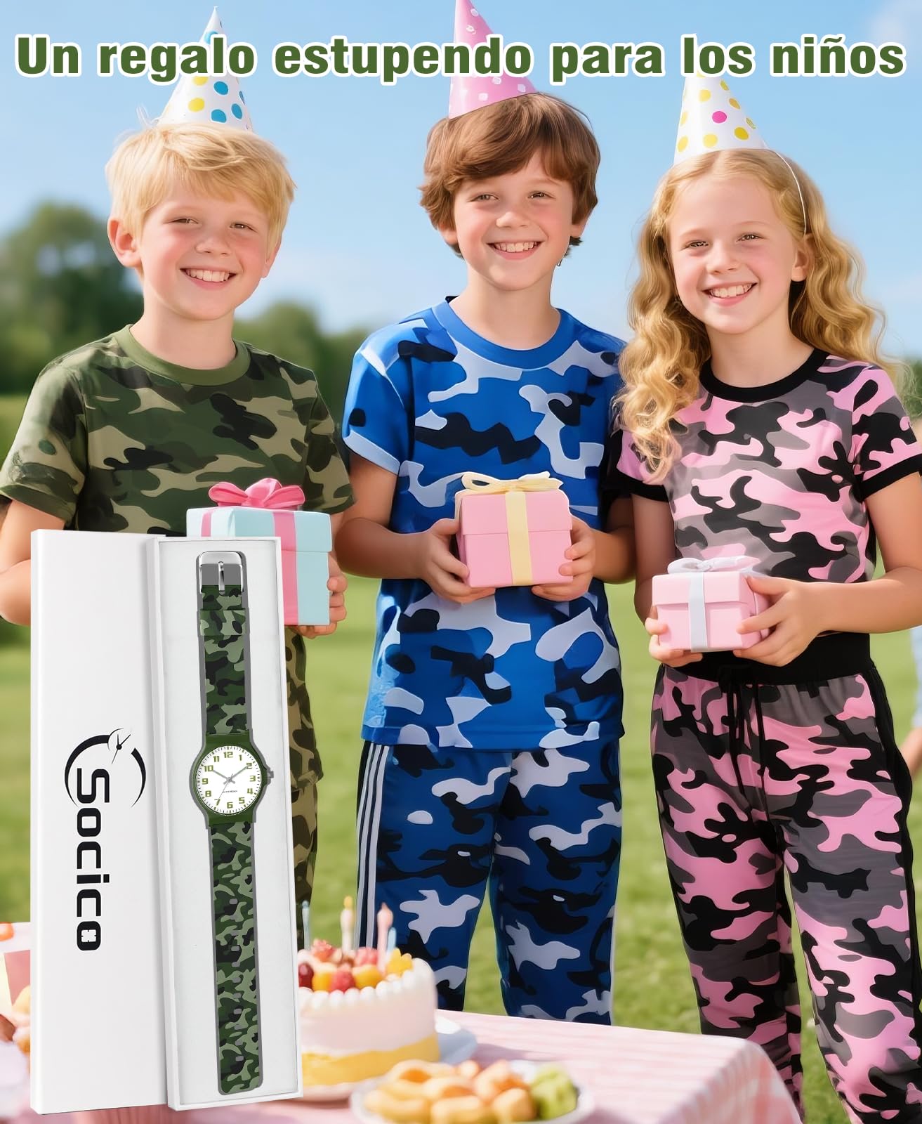 SOCICO Reloj Infantil analógico Minimalista con Estampado de Camuflaje, Reloj Deportivo Resistente al Agua para niños de 5 a 15 años, fácil de Leer para niños y niñas