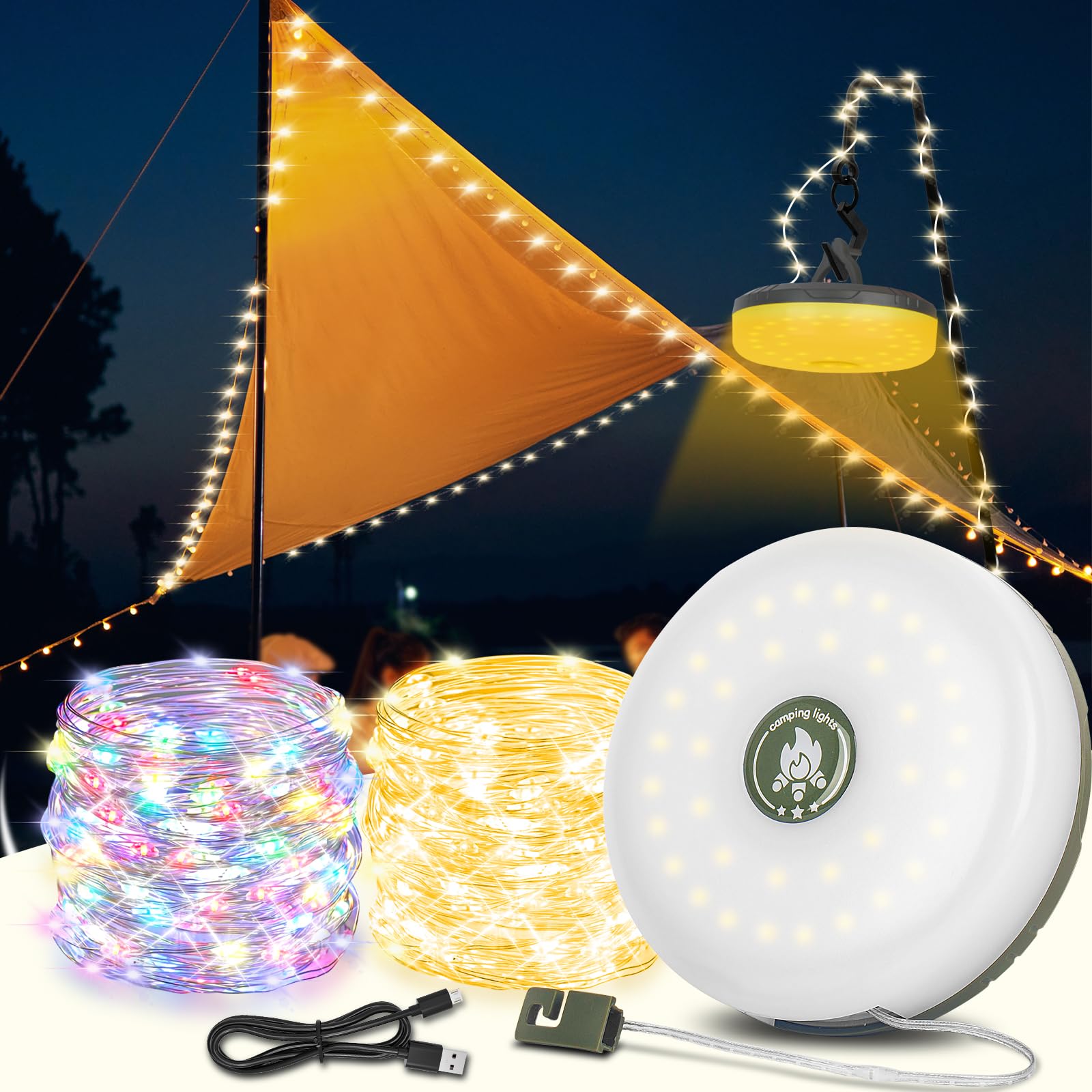 set di 4 versatili luci da campeggio ricaricabili 2in1 con catena luminosa a LED da 10